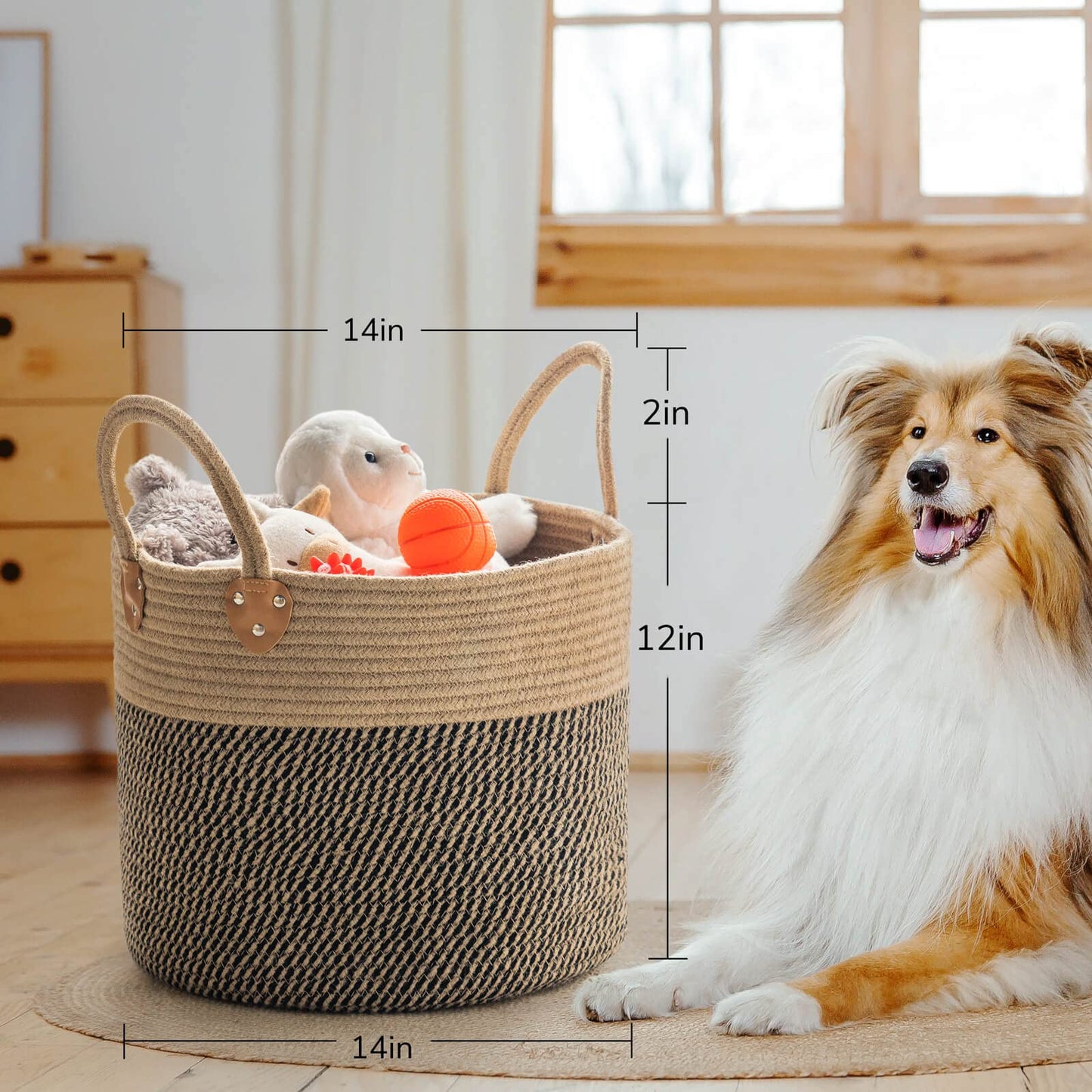 CHICVITA Wicker Laundry Basket With Handles, Storage Baskets for Decor, Rope Basket for Blankets, Toys, Clothes, Shoes, Plant Basket for Living Room, 14" X 14" X 12"