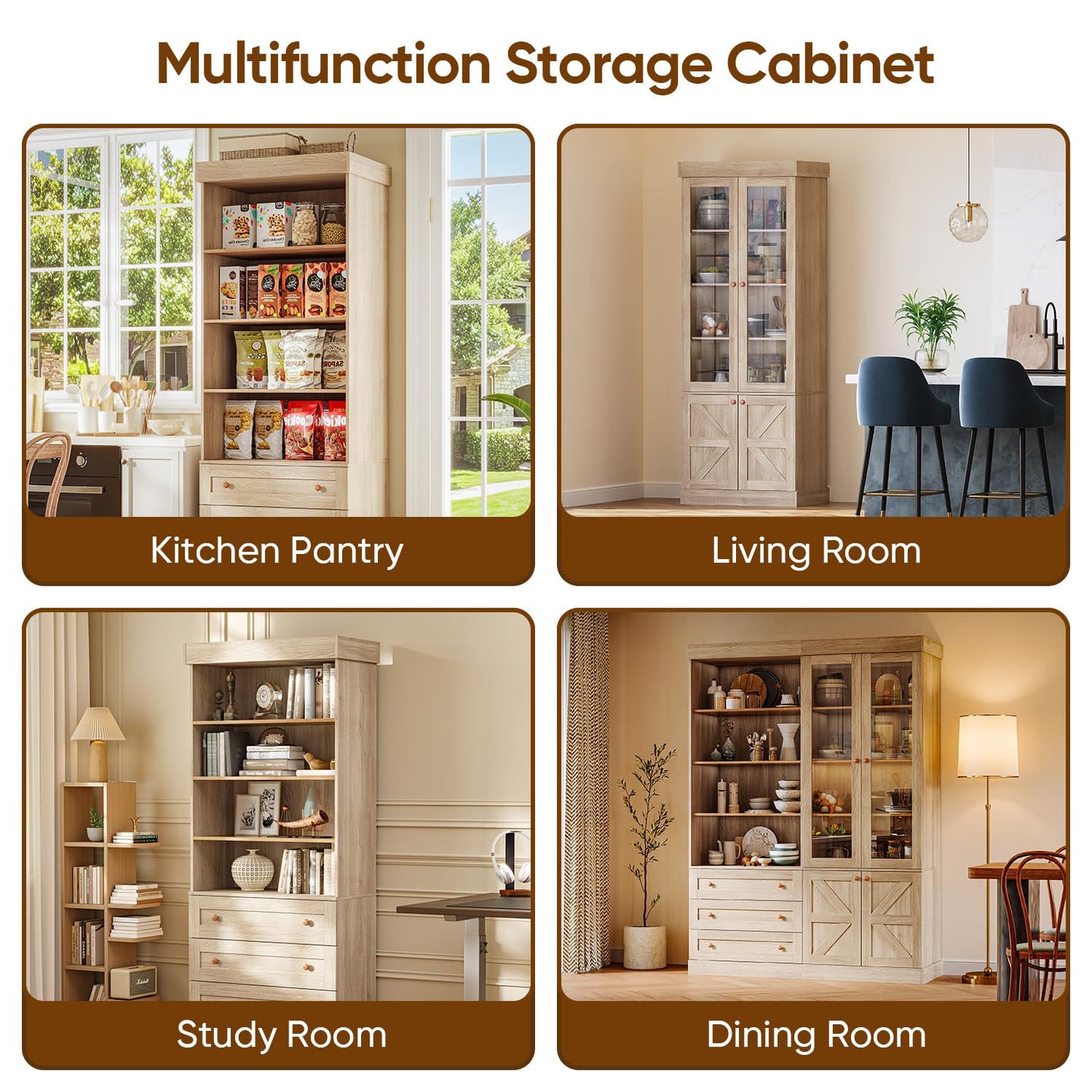 71" Tall Farmhouse Bookshelves, Brown Large Bookcase with Adjustable Shelves, 3 Drawers Wooden Storage Cabinet for Living Room, Kitchen, Home Office, Dining Room, 2 Pcs Open Unit