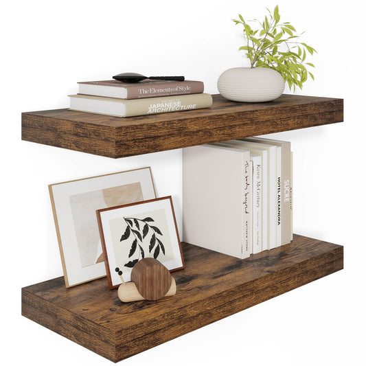 12" Deep Floating Shelves for Wall 24 Inches Long, Heavy Duty Wall Shelves for Bedroom Bathroom Kitchen Laundry Room, Farmhouse Rustic Shelves for Home Decor, 24" X 12" X 2" Set Of 2, Rustic Brown
