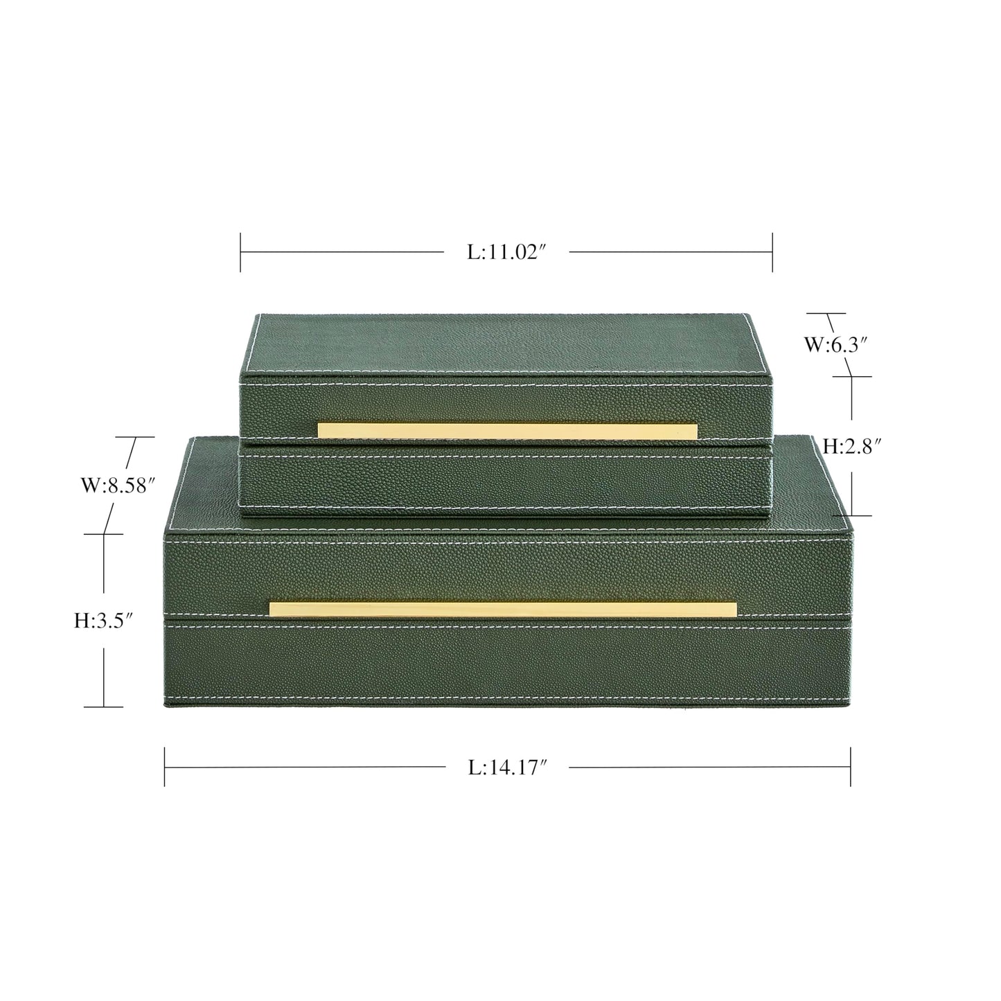 Goodinough Green Shagreen Decorative Boxes with Lids Set of 2 - Large Leather Stacking Storage Boxes for Home Decor, Gold Metal Handle Remote Control Box, Modern Jewelry Box for Shelves, Coffee Table