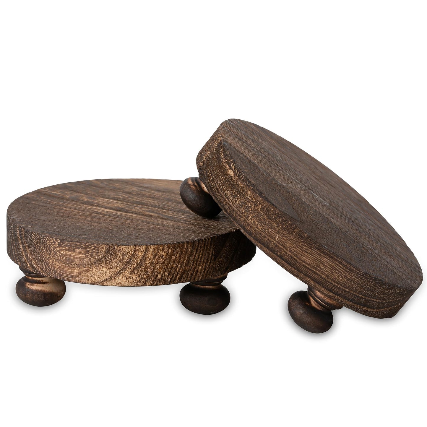 Romadedi Farmhouse Wood Riser for Display- 2 pcs Rustic Decor Mini Wooden Pedestal Decorative Round Tray for Home Table Bathroom Counter Shelf Kitchen, Brown