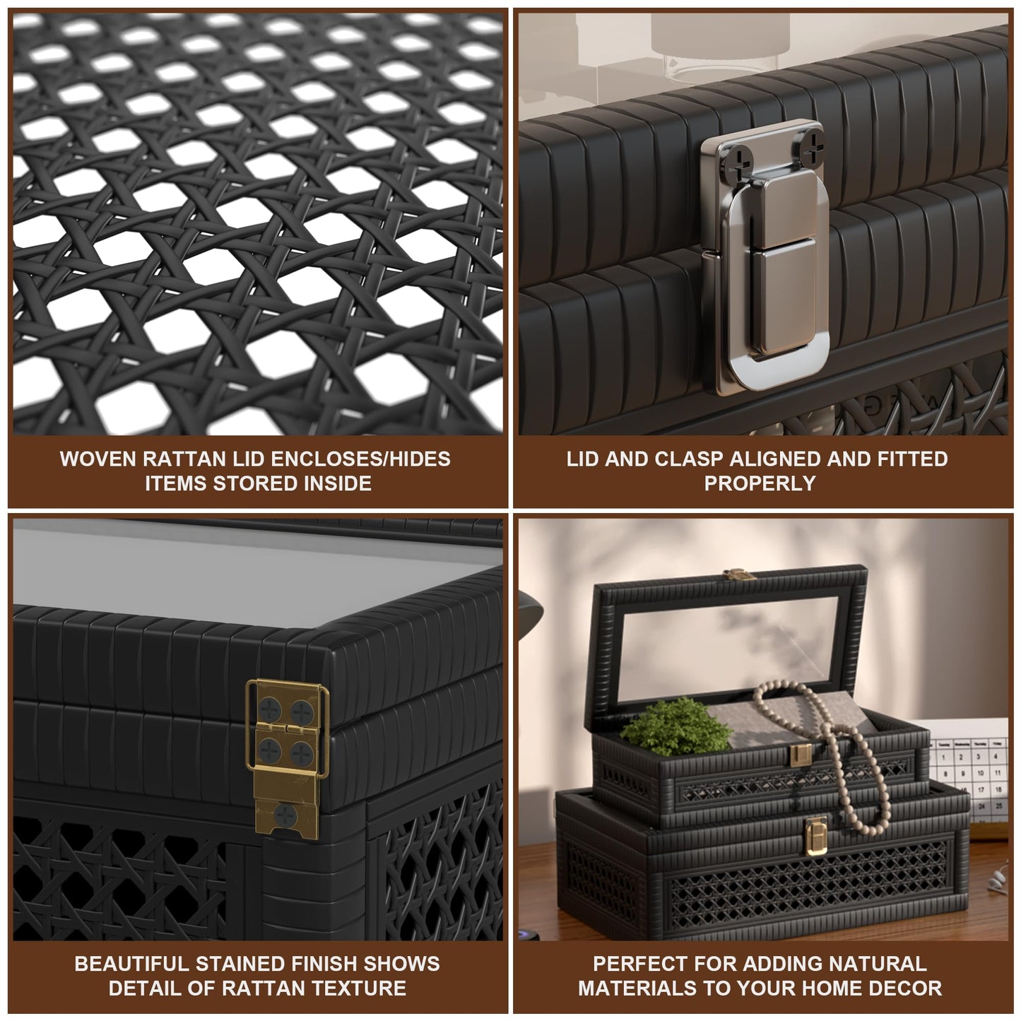 Fllamo Rattan Decorative Box,Boho Display Boxes with Lids,Set of 2 Rectangular Wicker Storage Decoration,Natural Woven Cane Bins for Home Decor for Rustic Farmhouse(Black)