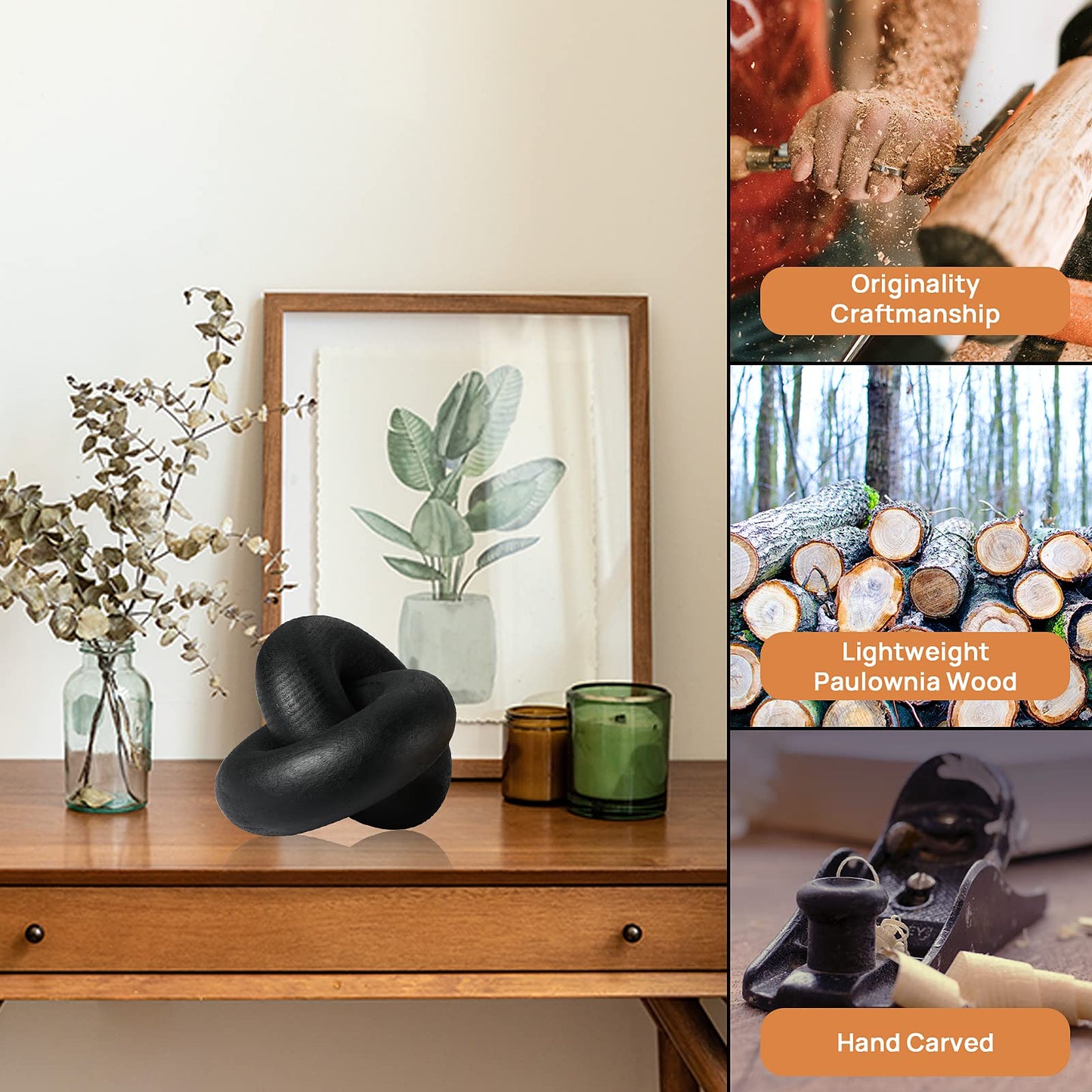 POPRHINO Wood Chain Decor, 2-Link Decorative Chain Hand Carved Boho Wood Knot Decor for Bookshelf Desk Living Room Coffee Table Farmhouse Ornament (Black)