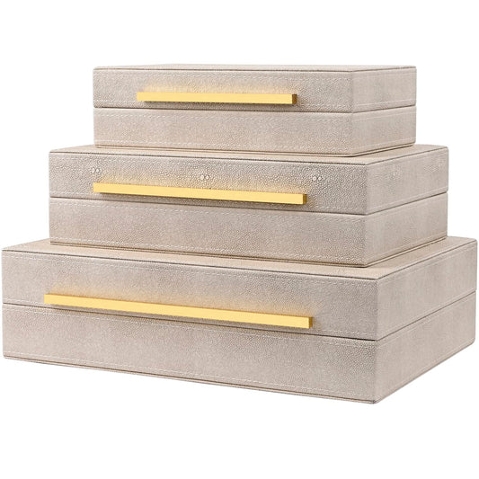 ZIKOUL Ivory Shagreen Box Set Of 3 Faux Leather Decorative Boxes, Large Modern Nesting Storage Decorative Boxes with Lids for Home Decor Stacking jewelry Box Organizer