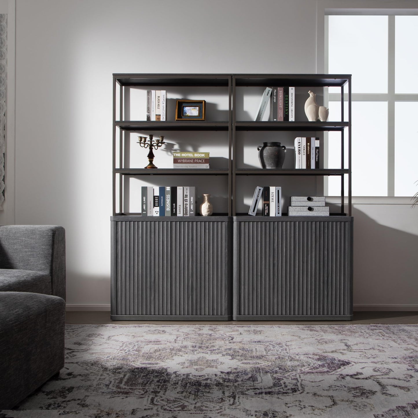 SICOTAS Book Shelf Fluted Bookshelf 71" Tall Bookcase with Doors Storage 5 Tier Mid Century Modern Bookshelves Large Shelves Metal Book Cases for Living Room Office Bedroom Kitchen Library (Black)