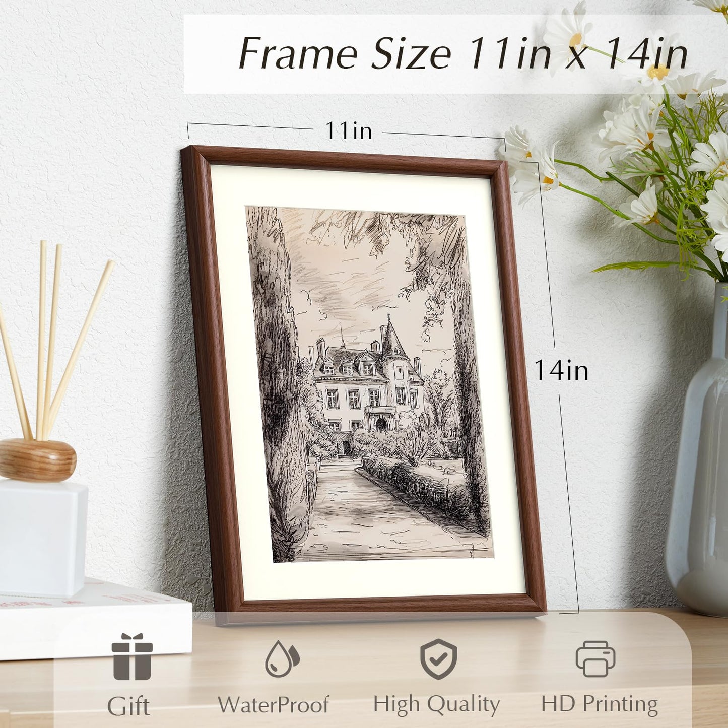 InSimSea Framed Canvas Wall Art with Mat, Vintage Neutral Architecture Sketch Prints Picture, Vintage Landscape Wall Art for Living Room Bedroom Office, 11x14 Inch(Walnut)