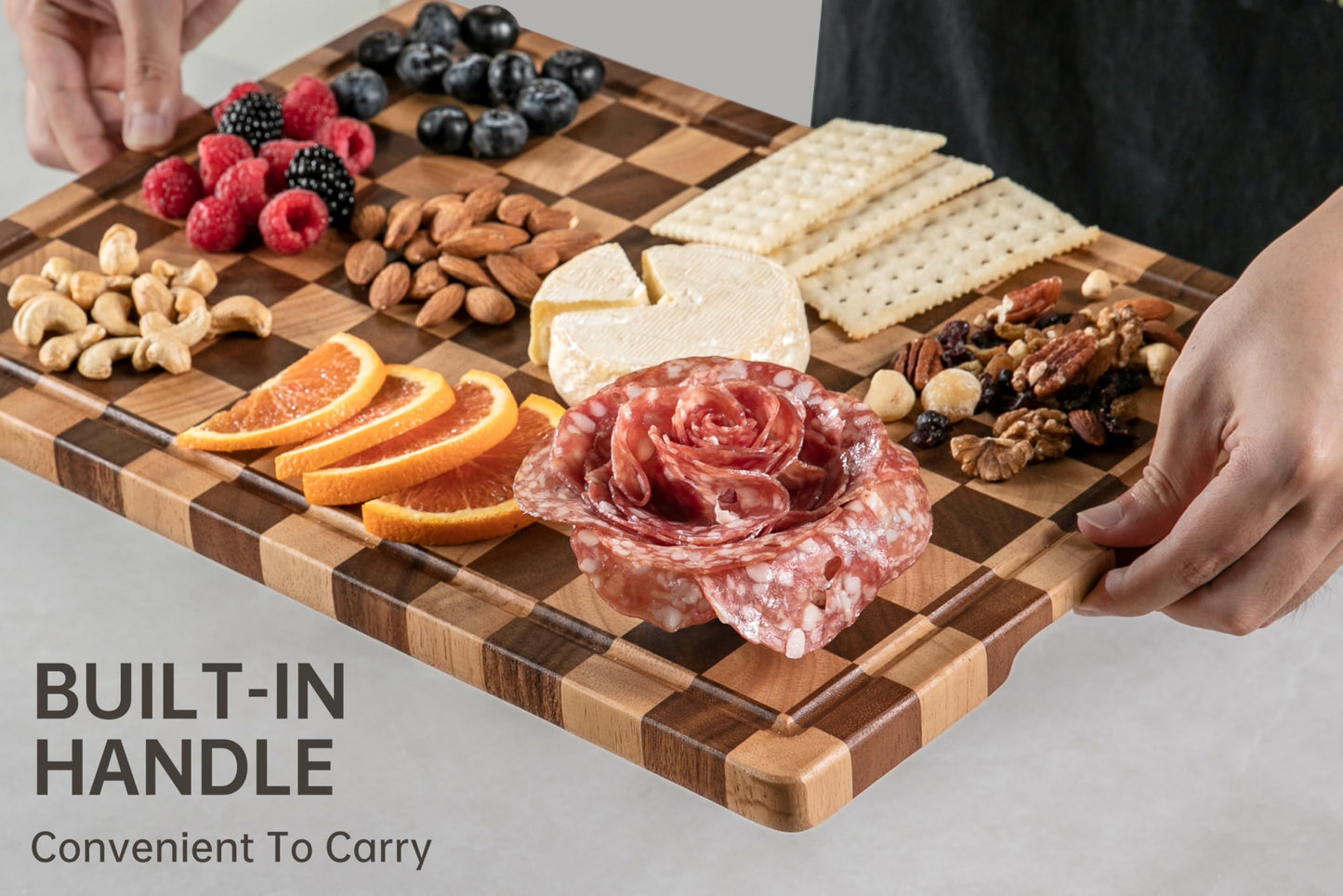 THETCHRY Cutting Boards for Kitchen, Design in USA Large Acacia Wood Chopping Board, Checkered Cutting Board with Juice Grooves & Handles, Butcher Block Serving Tray with Gift Box 16.5" x 11.6" x 0.8"