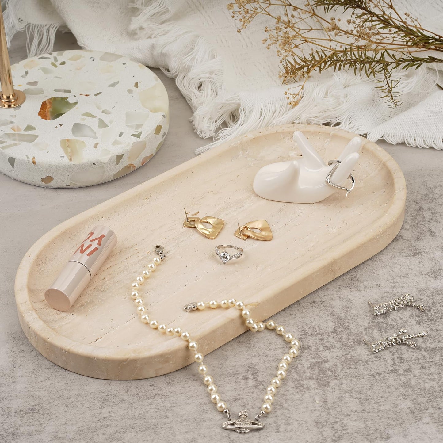 Koville Italian Natural Travertine Vanity Decorative Marble Tray, 12"x6" Light Beige Travertine Wabi Sabi Style Catchall Tray for Perfume, Candles, Jewelry