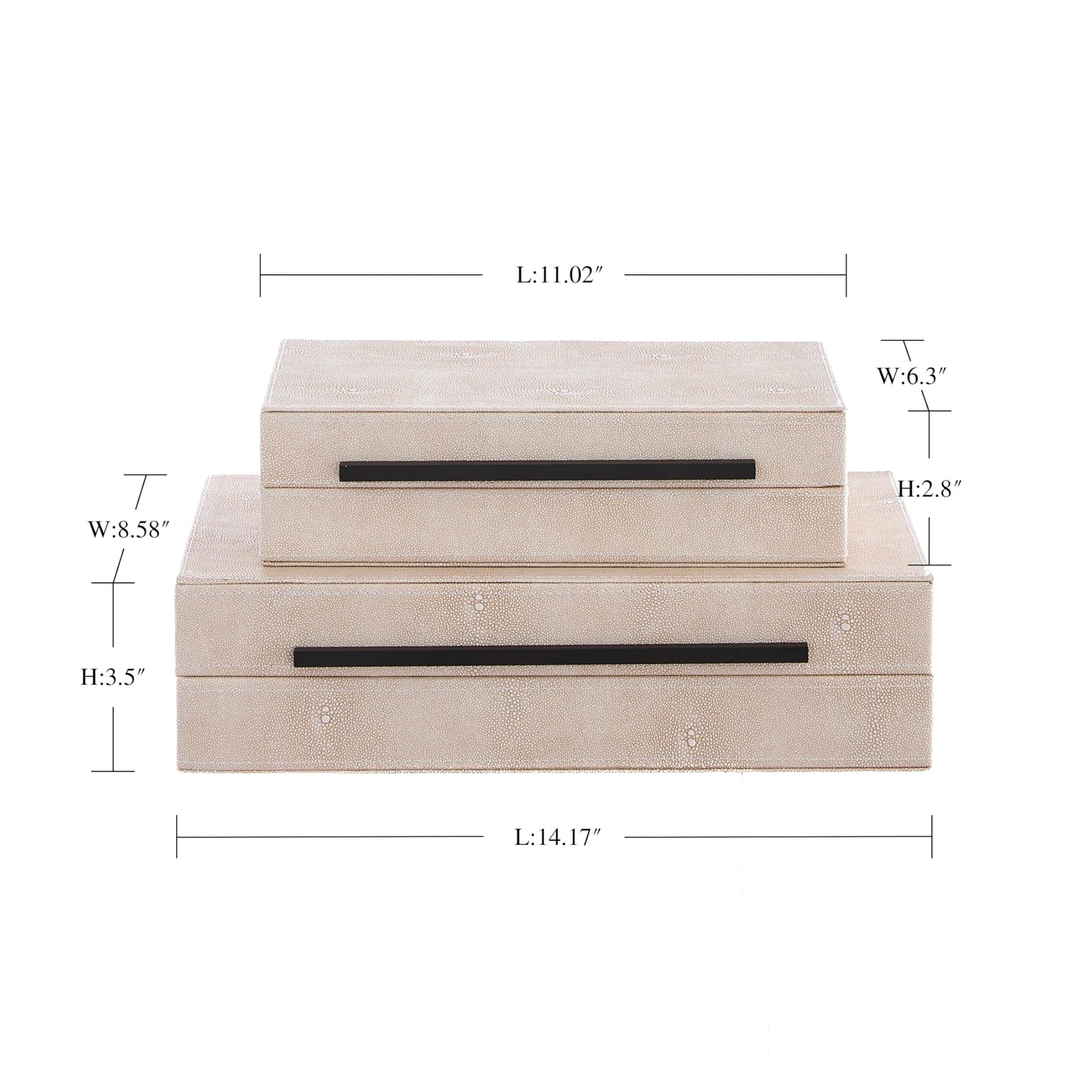 Goodinough Ivory Shagreen Decorative Boxes with Lids Set of 2 - Large Leather Stacking Storage Boxes for Home Decor, Black Metal Handle Remote Control Box, Modern Jewelry Box for Shelves, Coffee Table