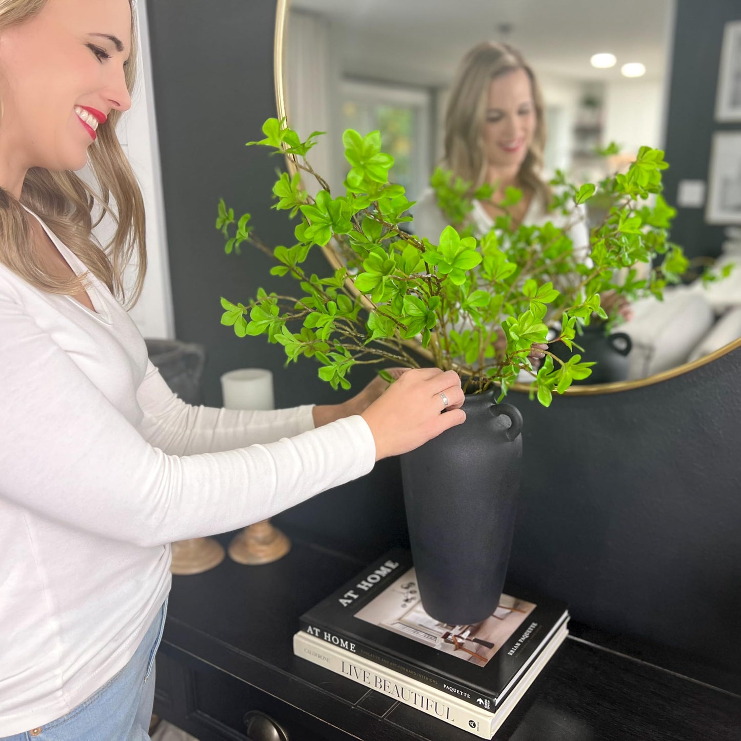 12 Inch Tall Black Ceramic Vase, with 5 Branches of 25 Inch Faux Artificial Vibrant Greenery Stems Set, Textured Minimalist Jug, Fake Stem Plants, Decorative Farmhouse, Console Table Centerpiece Decor