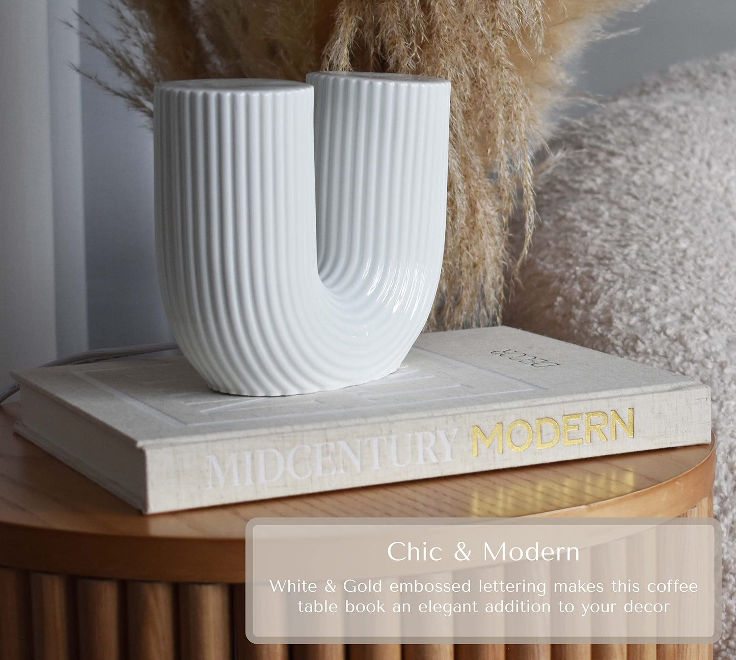 Kigan Home Linen Decorative Book - Real Hardcover Neutral Midcentury Modern - Wooden Bead Garland for Coffee Table Decor, Modern or Boho Home Decor, Shelves, Fireplace Mantel