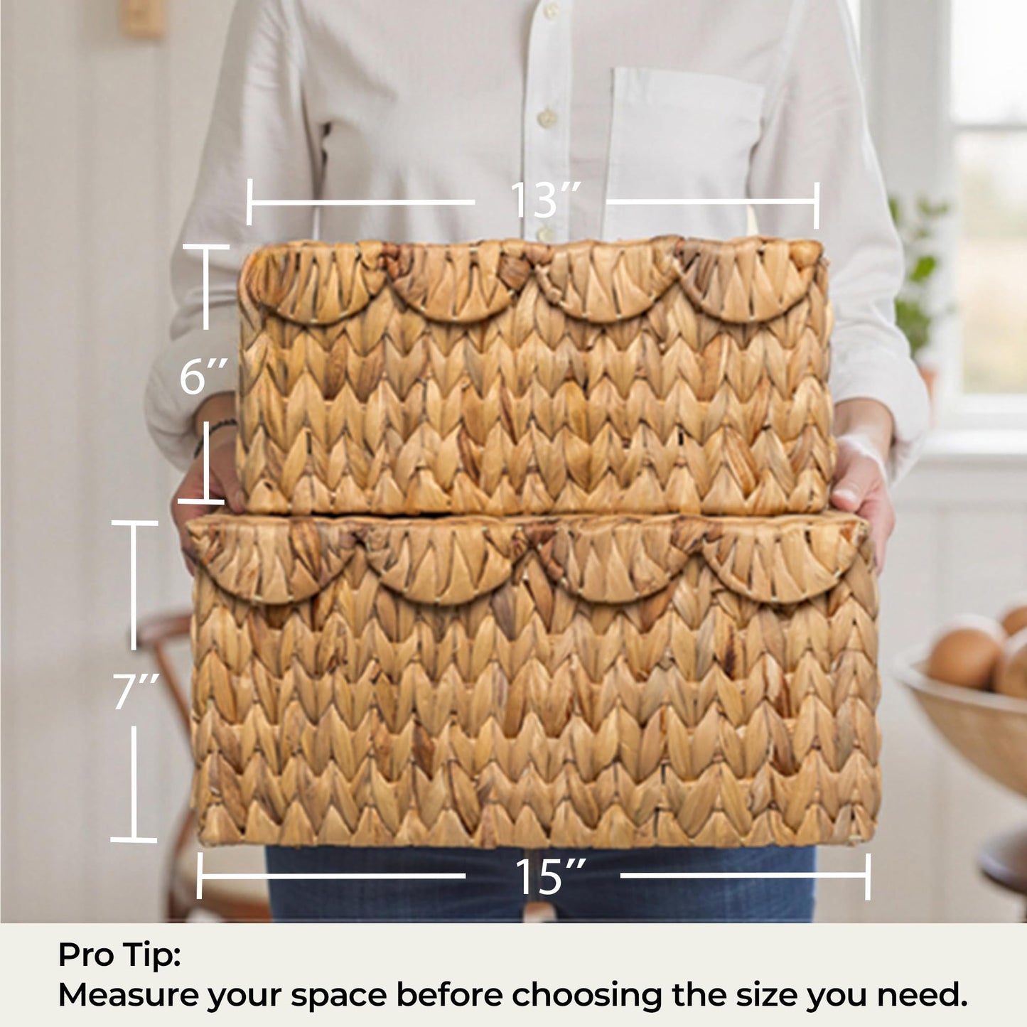 StorageWorks Wicker Basket with Scalloped Edge Lid, Handwoven Water Hyacinth Baskets for Bathroom, Bedroom, Living Room, 13" L x 9 ½" W x 6" H