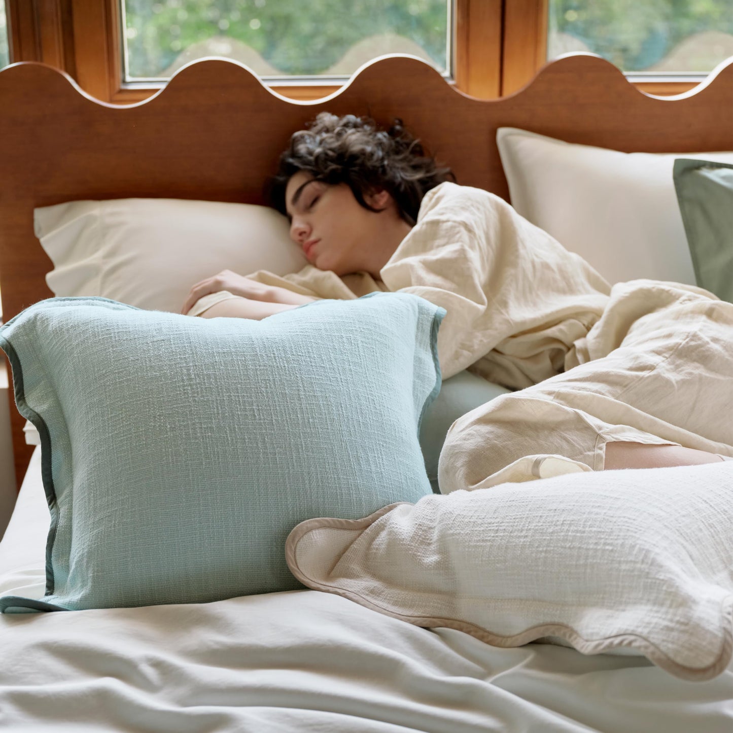 Double Stitch Scalloped Throw Pillow Covers - 100% Cotton Decorative Boho Pillow Covers 18 x 18, Made in India, Square Cushion Case, Modern Home Decor for Couch Sofa Living Room, Aqua Mint