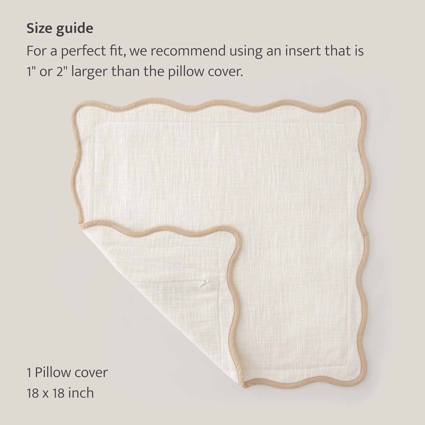 Double Stitch Scalloped Throw Pillow Covers - 100% Cotton Decorative Boho Pillow Covers 18 x 18, Made in India, Square Cushion Case, Modern Home Decor for Couch Sofa Living Room, Cream