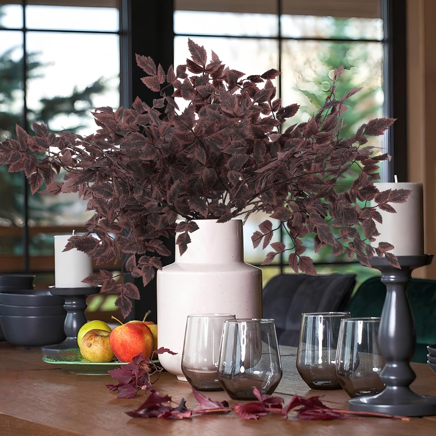 Hananona 4 Pcs Artificial Cimicifuga Leaf Spray, 23 in Faux Burgundy Fall Greenery Branch with Long Stems for Vase, Farmhouse Thanksgiving Autumn Centerpiece Halloween Decor (4, Chocolate, 23 in)