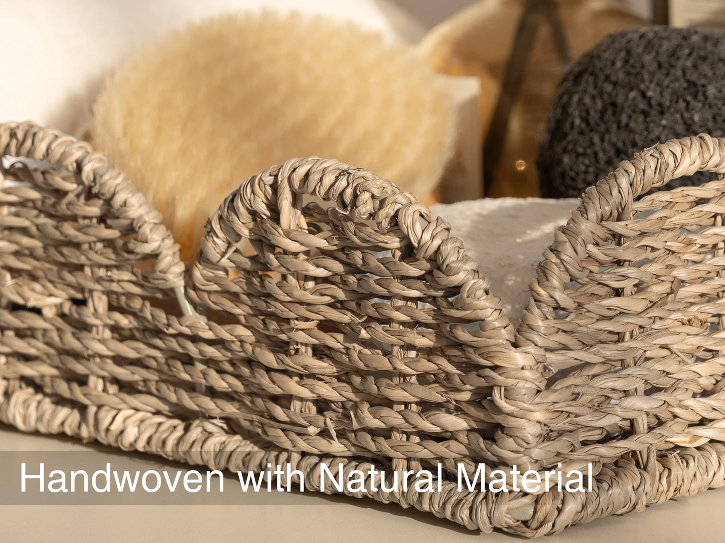 StorageWorks Rectangle Wicker Scalloped Tray, Rattan Serving Trays with Handles, Seagrass Basket for Decorative & Organizing, 15.75" L x 11.5" W x 2.75" H