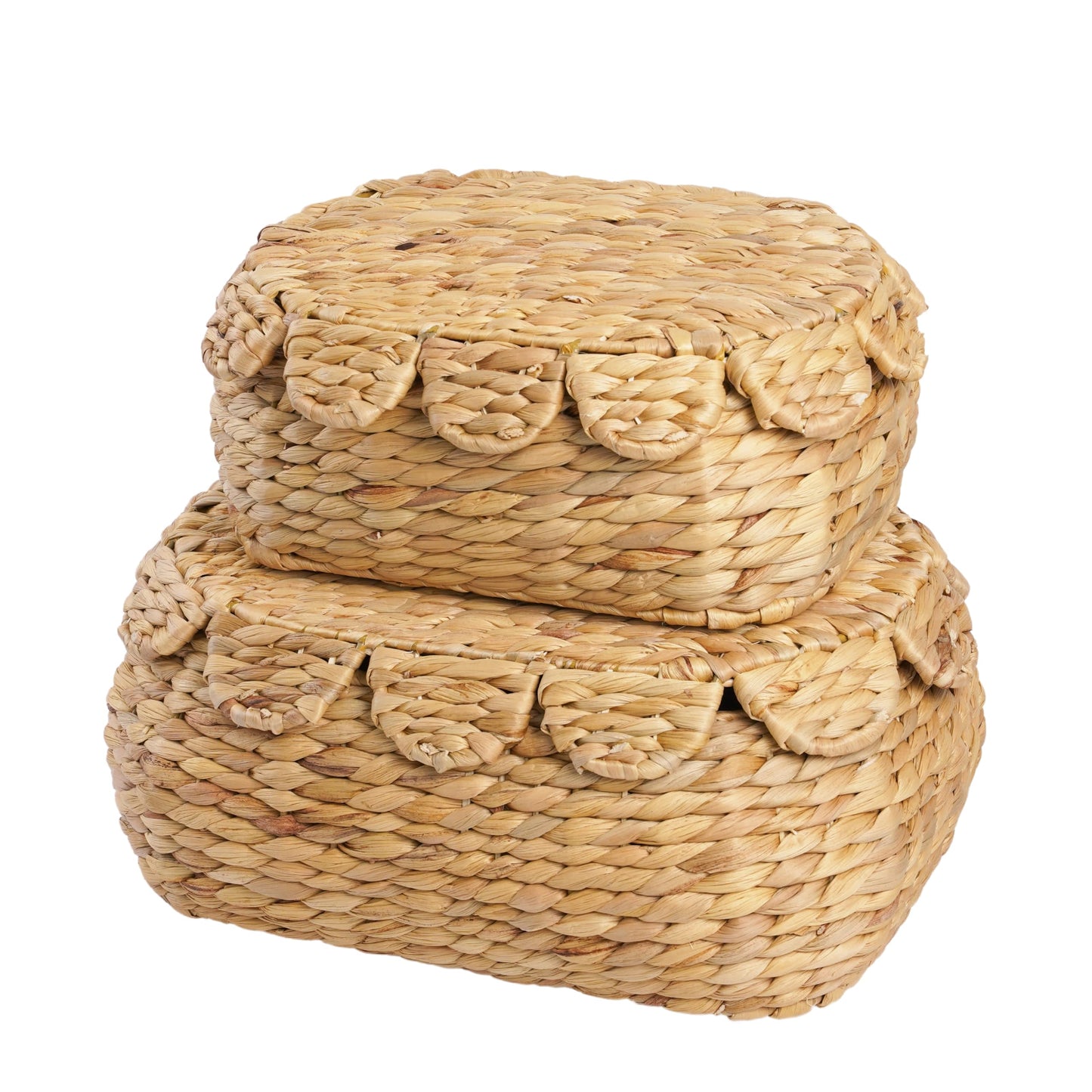 LUSYDECO Round Wicker Storage Baskets with Lid, Rattan Basket Decorative Boxes, Woven Storage Box Hyacinth Basket with Lids, Scalloped Edge Wicker Basket with Lid, Set of 2