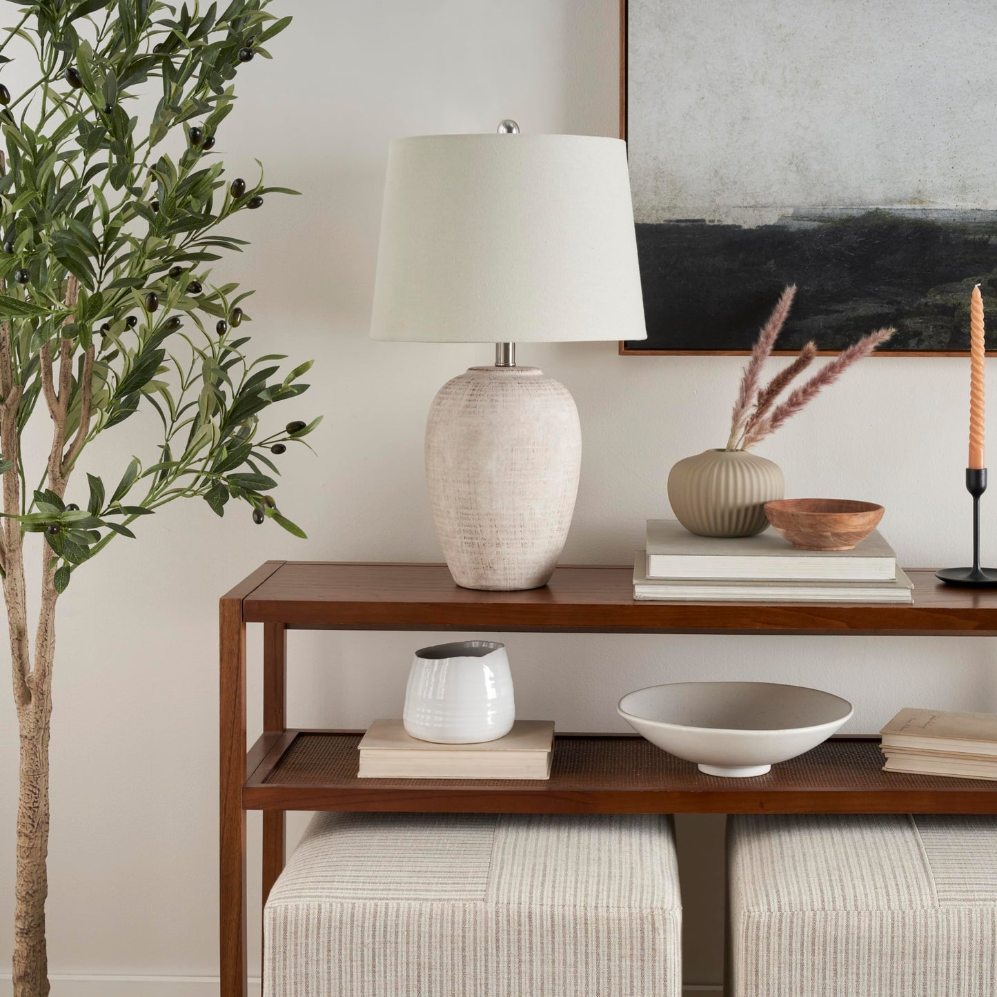 Nourison Home 23" Distressed Cream/Beige Rustic Ceramic Jar Table Lamp for Bedroom, Living Room, Dining Office, with Ivory Shade