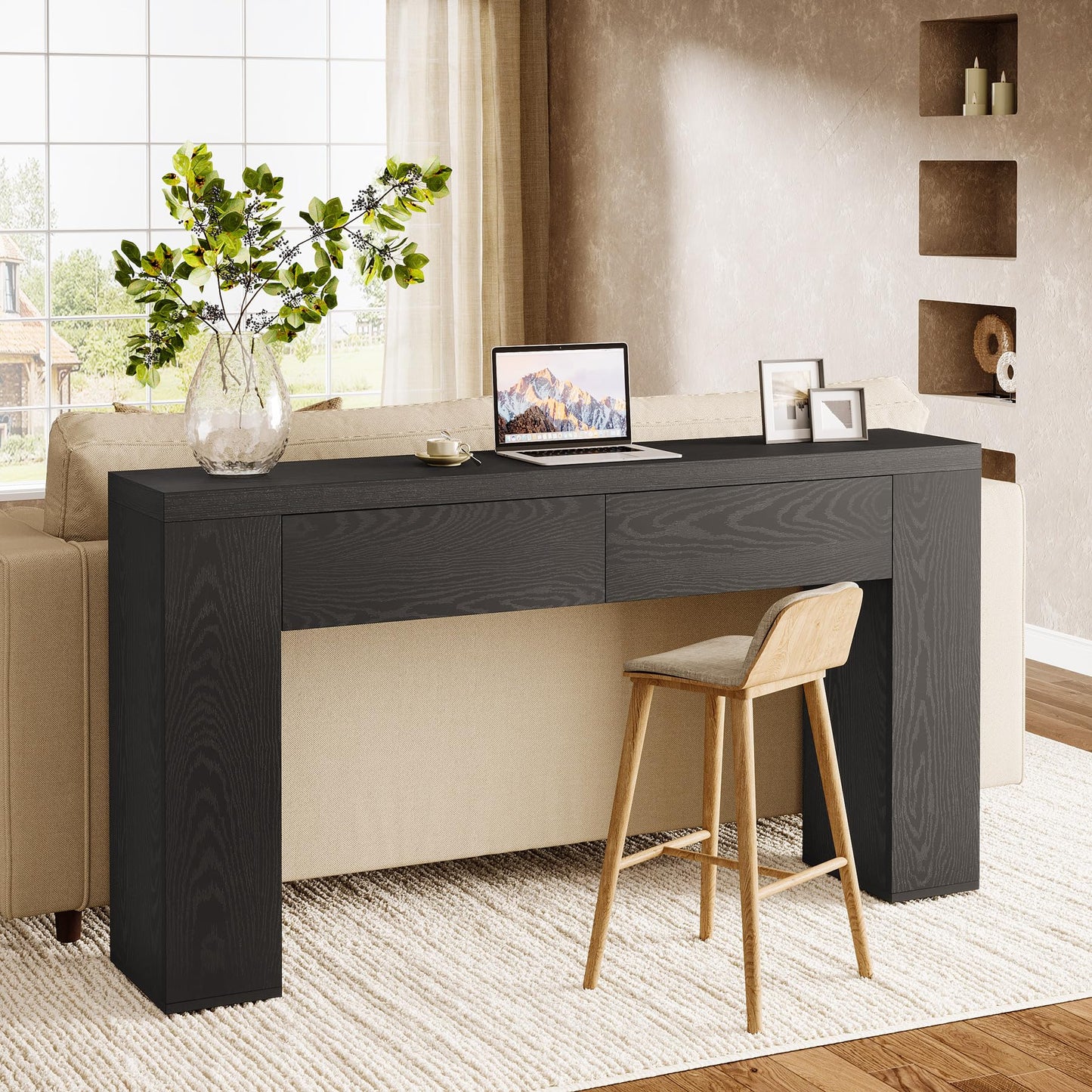 Tribesigns 63-Inch Wooden Console Table with 2 Hidden Drawers, Farmhouse Rustic Brown Sofa Table for Living Room, Hallway, Entrance, Foyer, Easy Assembly (Black)