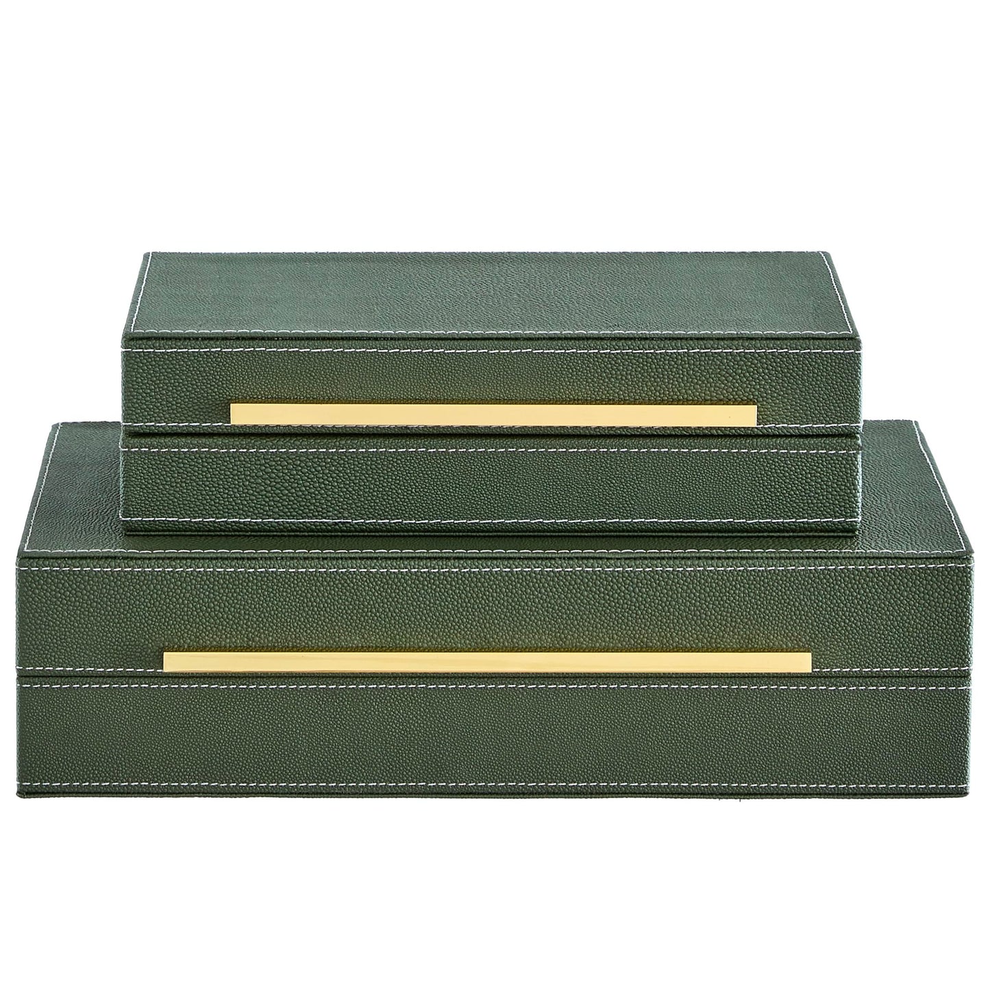 Goodinough Green Shagreen Decorative Boxes with Lids Set of 2 - Large Leather Stacking Storage Boxes for Home Decor, Gold Metal Handle Remote Control Box, Modern Jewelry Box for Shelves, Coffee Table