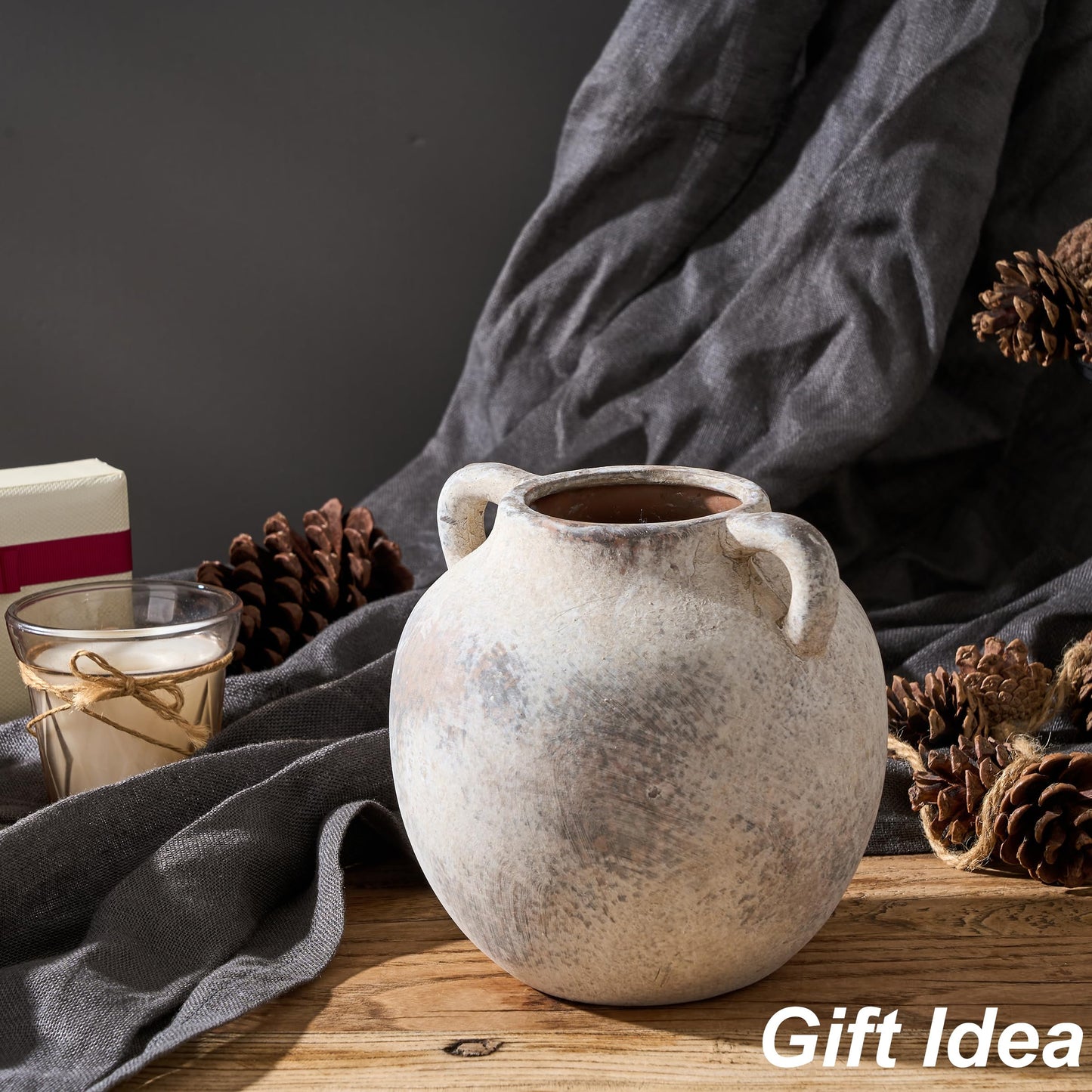 PORCER Antique Ceramic Vase, 5.8 Inch Terracotta Vase with Handles, Decorative Rustic Vase for Home Decor, Farmhouse, Living Room, Table, Bedroom, Entrance, Office - Gray