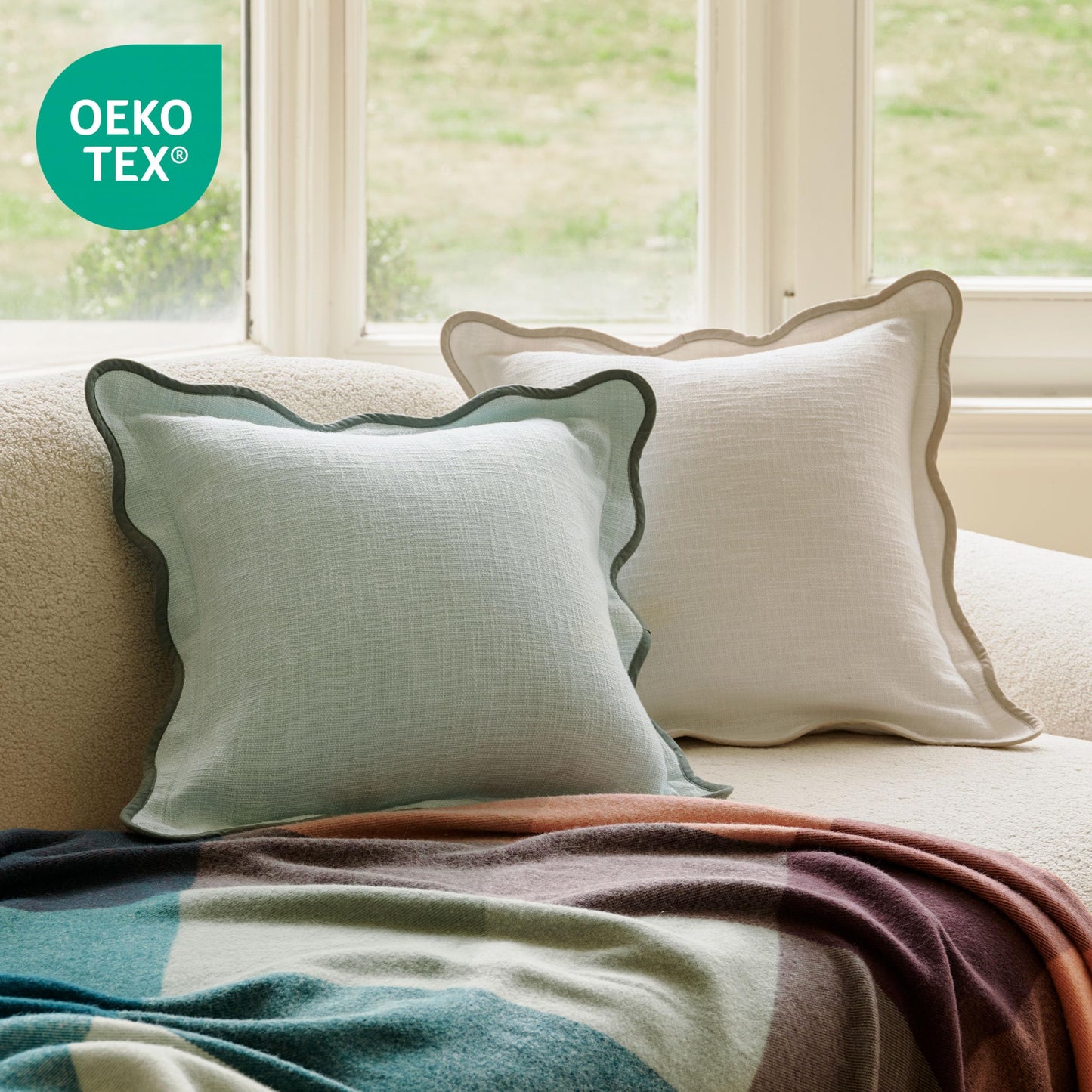 Double Stitch Scalloped Throw Pillow Covers - 100% Cotton Decorative Boho Pillow Covers 18 x 18, Made in India, Square Cushion Case, Modern Home Decor for Couch Sofa Living Room, Aqua Mint