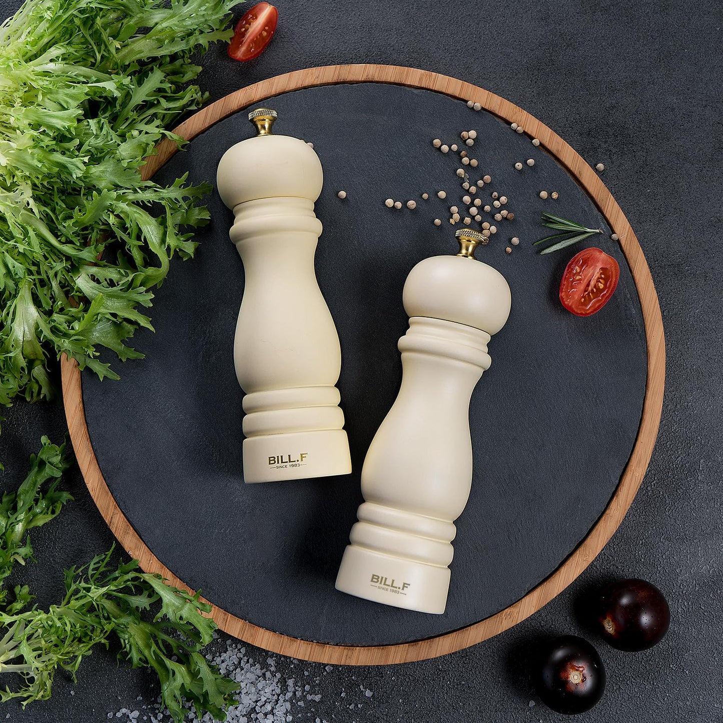 BILL.F Salt and Pepper Grinder Wooden Pepper Mill Grinder White Salt Pepper Shakers Set of 2 with Adjustable Ceramic Rotor- 7 Inch