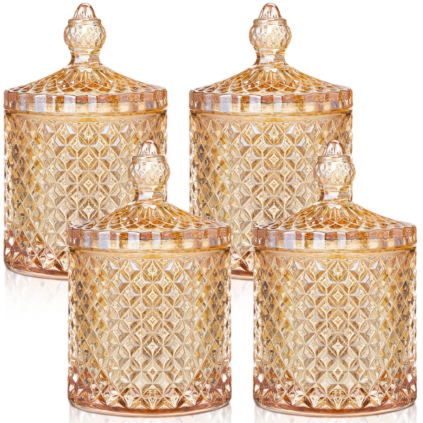 Aoriher 4 Pcs Crystal Glass Candy Jar Set with Lids Home Decorative Storage Jars for Apothecary, Bathroom, Kitchen, and Pantry, Ideal for Cotton Swabs and Jewelry(Large,Amber)