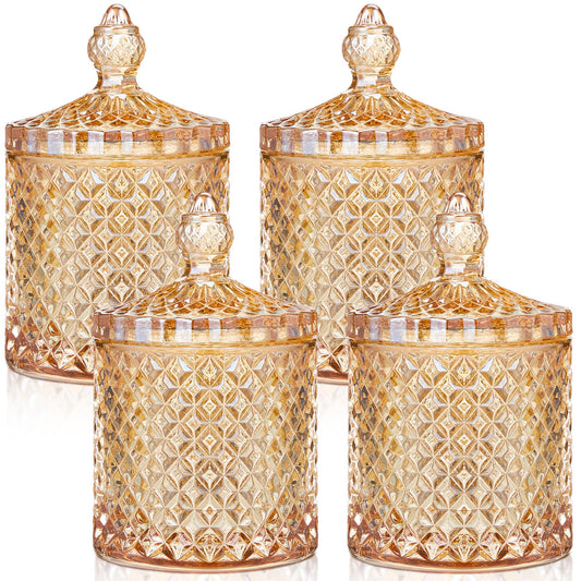 Aoriher 4 Pcs Crystal Glass Candy Jar Set with Lids Home Decorative Storage Jars for Apothecary, Bathroom, Kitchen, and Pantry, Ideal for Cotton Swabs and Jewelry(Large,Amber)