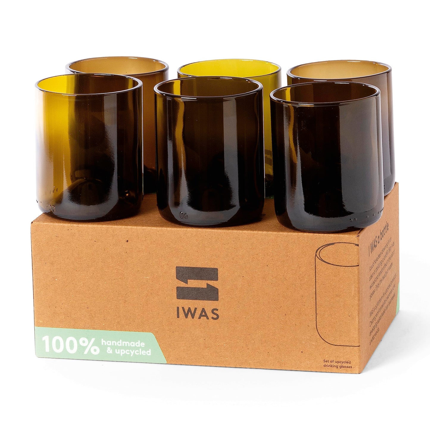 IWAS Upcycled Olive Drinking Glasses | 250 ML | 8.45 OZ | Set of 6 | Sustainable Water Glasses | Environmentally Friendly Dark Brown Glasses For Home