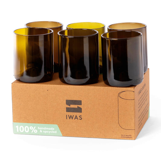 IWAS Upcycled Olive Drinking Glasses | 250 ML | 8.45 OZ | Set of 6 | Sustainable Water Glasses | Environmentally Friendly Dark Brown Glasses For Home