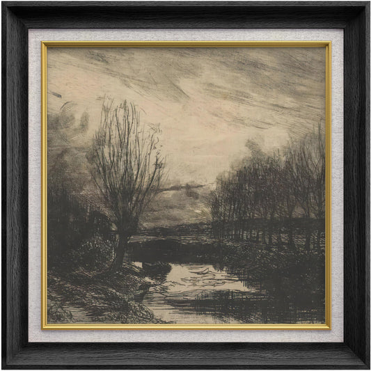 MUDECOR Premium Framed Wall Art Vintage Sketch of Trees and River Classic Vintage Illustrations Fine Art Decorative Retro Historic Zen for Living Room, Bedroom, Office - 26"x26" Black