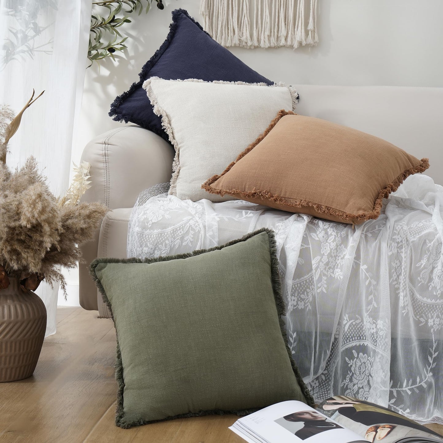 Foindtower Set of 2 Decorative Linen Fringe Throw Pillow Covers Cozy Boho Farmhouse Cushion Cover with Tassels Soft Accent Pillowcase for Couch Sofa Bed Living Room Home Decor, 22×22 Inch, Olive Green