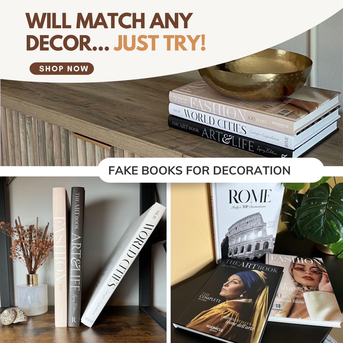 Elegant Decorative Books - Set of 3 Designer Faux/Fake Books for Decoration - Enhance Your Coffee Table, Mantle & Bookshelf Decor - Book Decor Aesthetic Collection - Real Blank Pages Inside