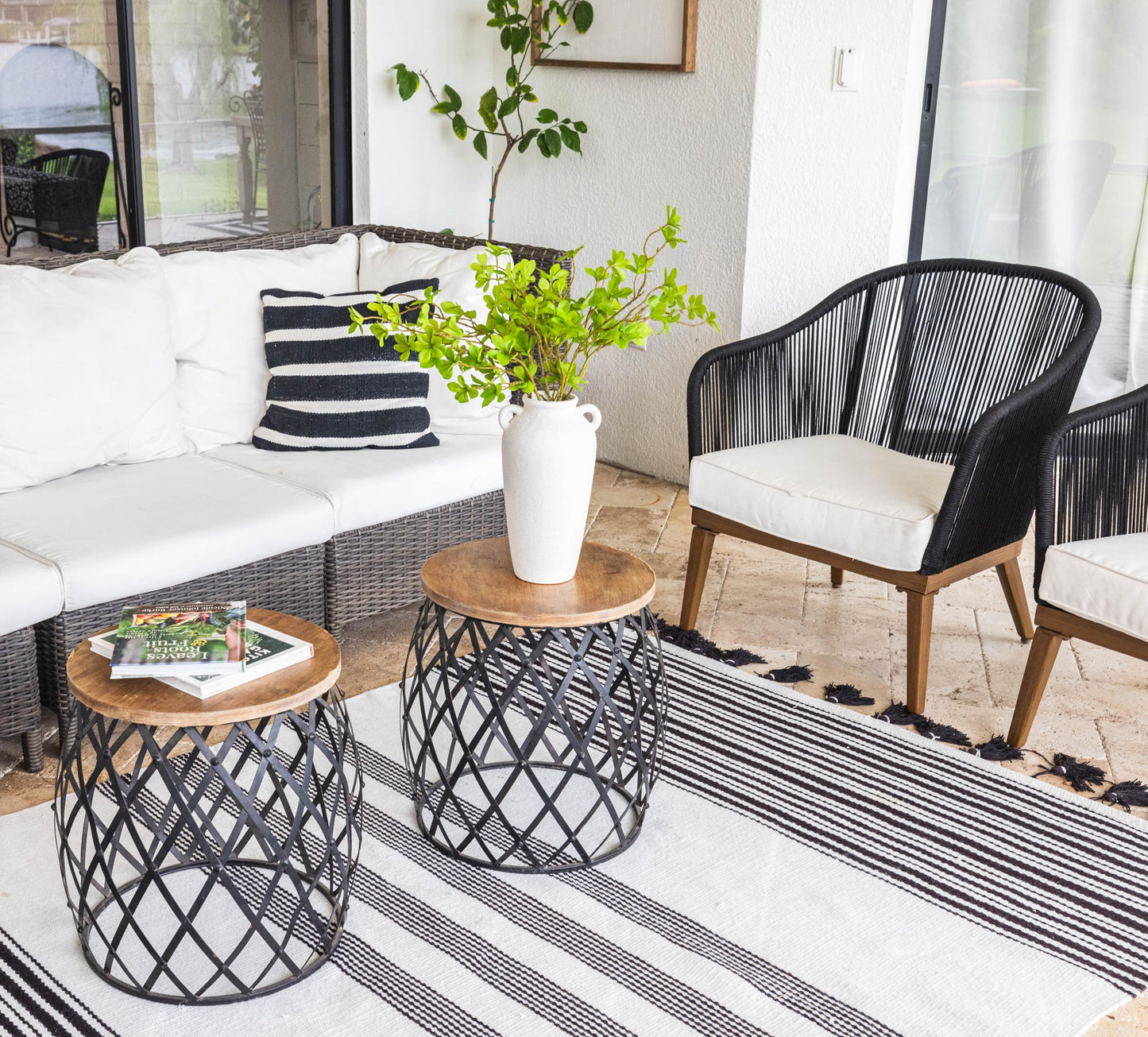 12 Inch Tall White Ceramic Vase, with 5 Branches of 25 Inch Faux Artificial Vibrant Greenery Stems Set, Textured Minimalist Jug, Fake Stem Plants, Decorative Farmhouse, Console Table Centerpiece Decor