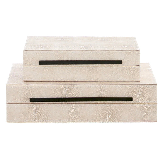 Goodinough Ivory Shagreen Decorative Boxes with Lids Set of 2 - Large Leather Stacking Storage Boxes for Home Decor, Black Metal Handle Remote Control Box, Modern Jewelry Box for Shelves, Coffee Table
