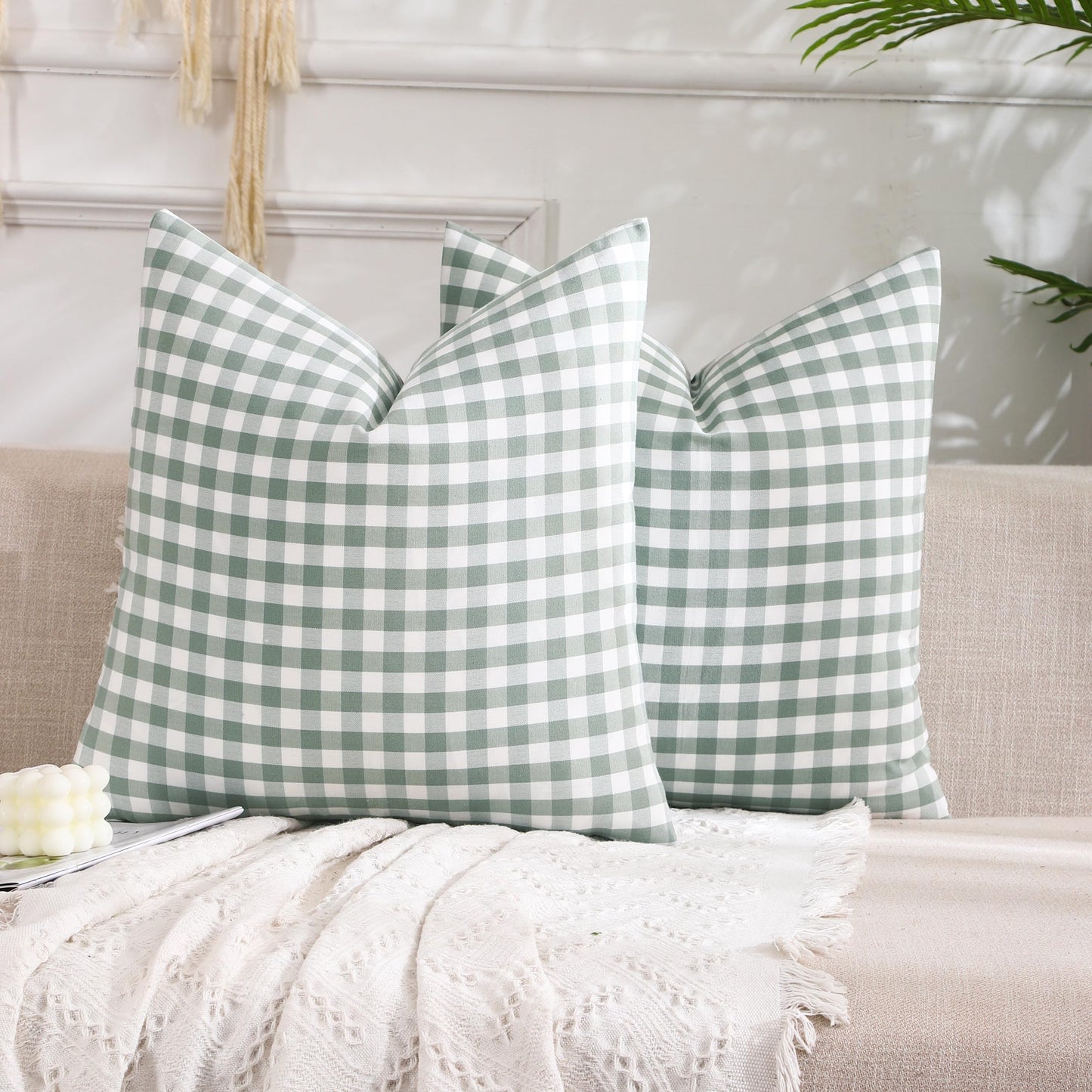 CARRIE HOME Set of 2 Farmhouse Sage Green Gingham Throw Pillow Covers 18x18 Checkered Plaid Decorative Pillow Cover Classic Retro Plaid Decor for Room Patio and Porch, Grey Green and White Gingham