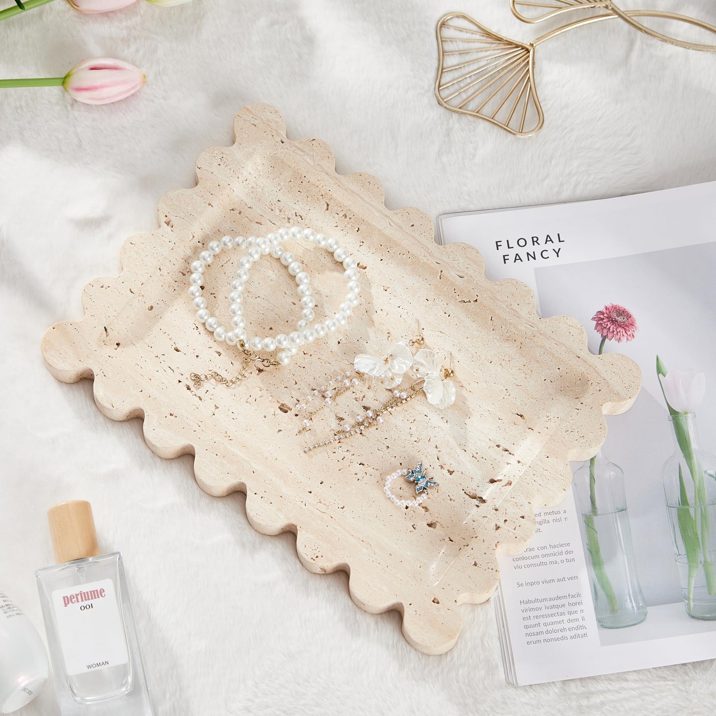 Denique Natural Travertine Tray with Scalloped Edge, 10.8x8 Rectangle Vanity Tray for Bathroom Kitchen Countertop, Beige Decorative Stone Storage Tray for Dresser Home Decor