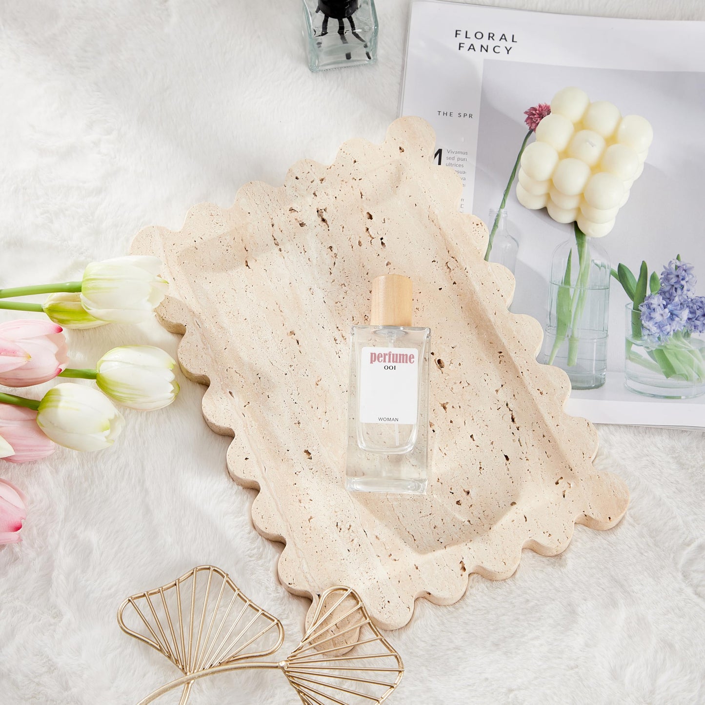 Denique Natural Travertine Tray with Scalloped Edge, 10.8x8 Rectangle Vanity Tray for Bathroom Kitchen Countertop, Beige Decorative Stone Storage Tray for Dresser Home Decor