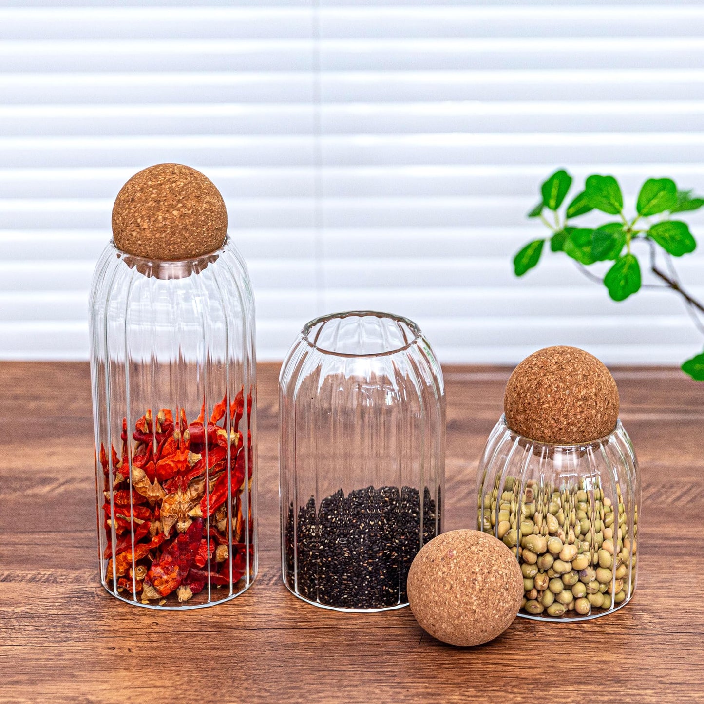 Wisifayardin Glass Jar Set of 3 - Airtight Sealed Cork Lids, Round Glass Bottles for Coffee Beans, Nut Storage, Canisters with Wooden Cork & Ball Lids, Glass Containers