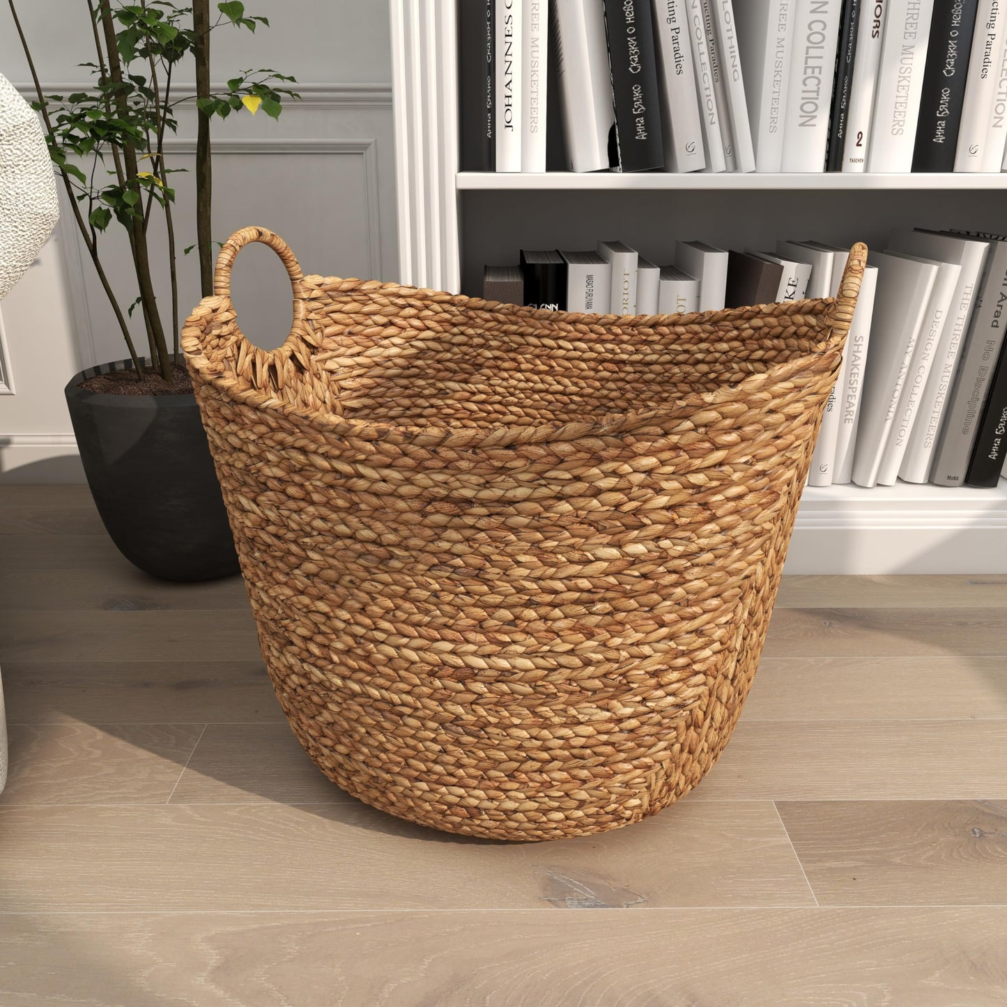 Deco 79 Seagrass Handmade Decorative and Functional Storage Basket Large Woven Basket Organizer with Ring Handles, Basket for Storage 20" x 18" x 19", Brown