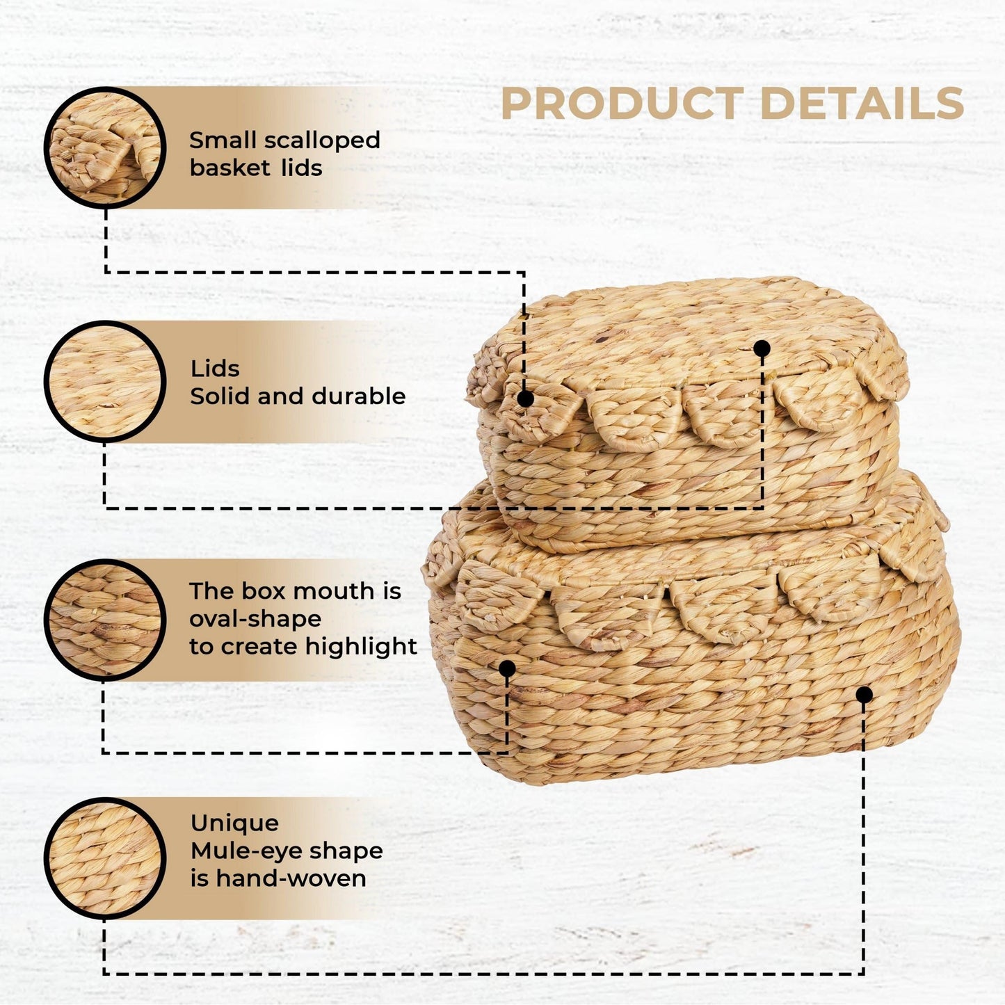 LUSYDECO Round Wicker Storage Baskets with Lid, Rattan Basket Decorative Boxes, Woven Storage Box Hyacinth Basket with Lids, Scalloped Edge Wicker Basket with Lid, Set of 2