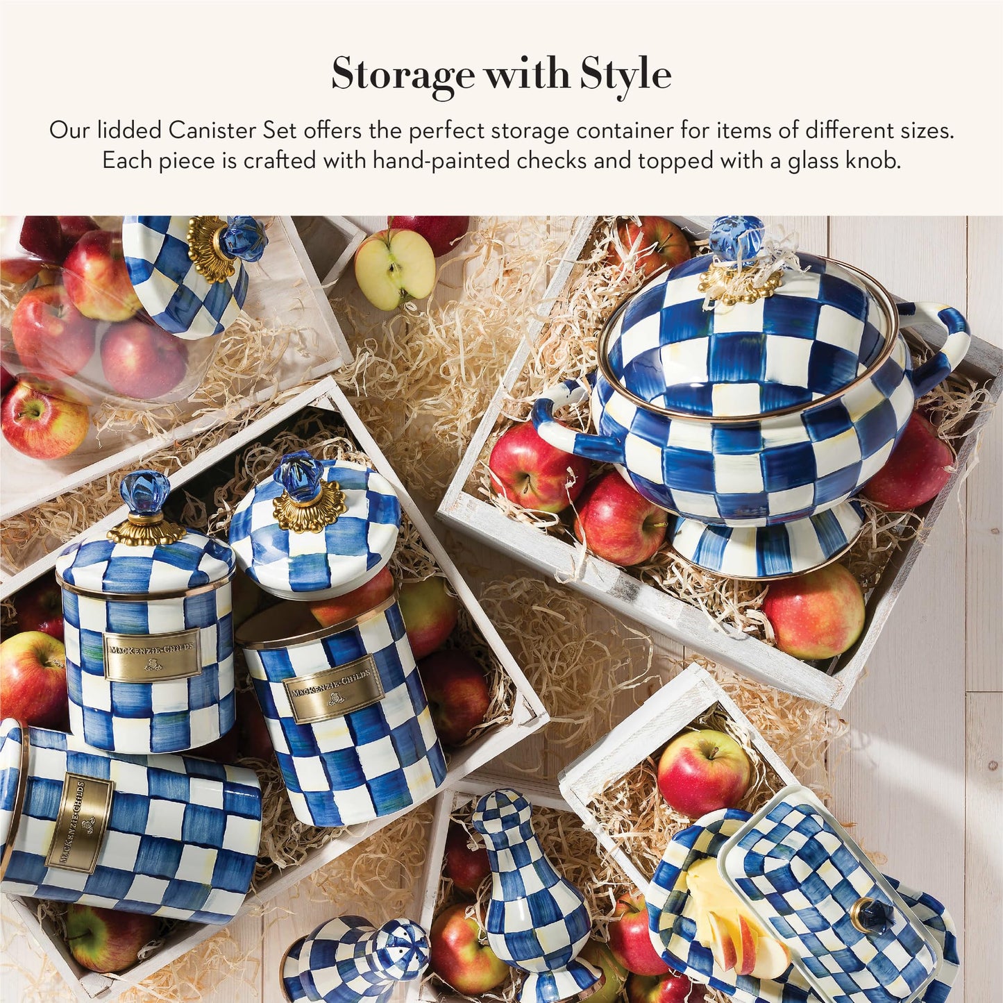 MACKENZIE-CHILDS Enamel Canister Set, Small (38 oz.), Medium (48 oz.), and Large (64 oz.) Kitchen Containers, Blue-and-White Royal Check