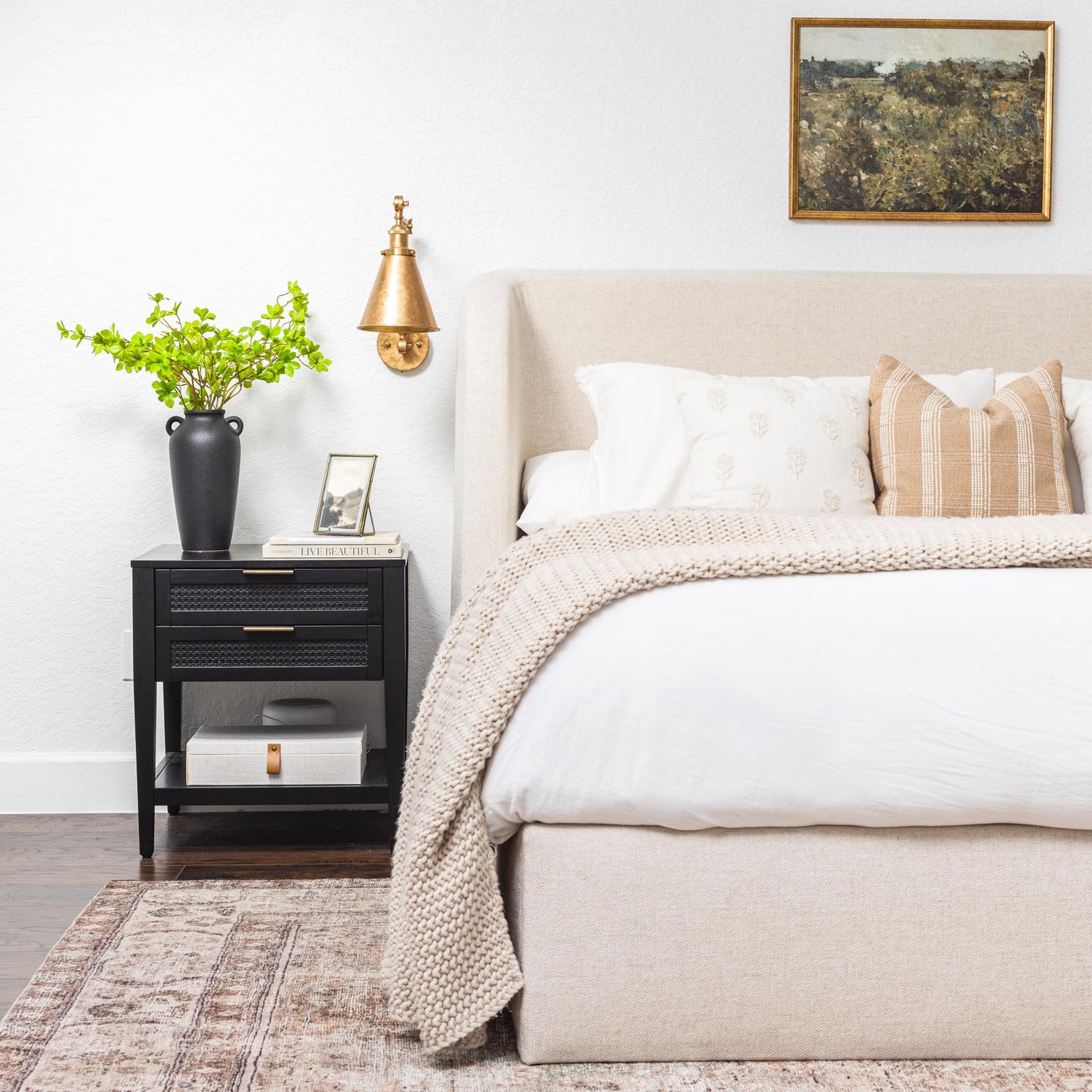 12 Inch Tall Black Ceramic Vase, with 5 Branches of 25 Inch Faux Artificial Vibrant Greenery Stems Set, Textured Minimalist Jug, Fake Stem Plants, Decorative Farmhouse, Console Table Centerpiece Decor