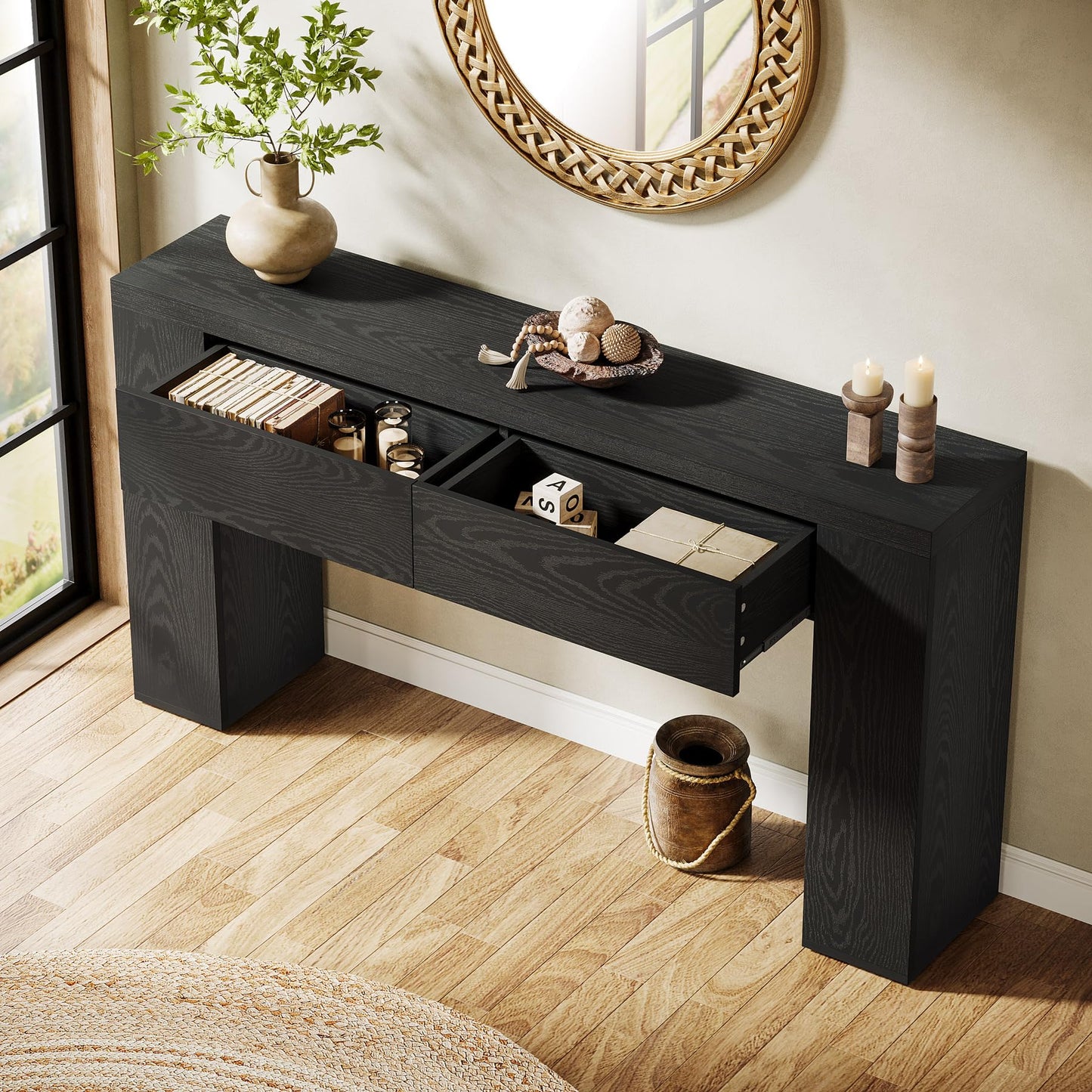 Tribesigns 63-Inch Wooden Console Table with 2 Hidden Drawers, Farmhouse Rustic Brown Sofa Table for Living Room, Hallway, Entrance, Foyer, Easy Assembly (Black)