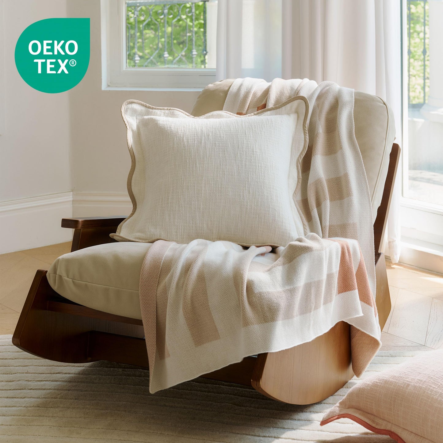 Double Stitch Scalloped Throw Pillow Covers - 100% Cotton Decorative Boho Pillow Covers 18 x 18, Made in India, Square Cushion Case, Modern Home Decor for Couch Sofa Living Room, Cream