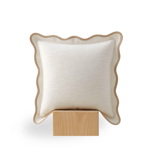 Double Stitch Scalloped Throw Pillow Covers - 100% Cotton Decorative Boho Pillow Covers 18 x 18, Made in India, Square Cushion Case, Modern Home Decor for Couch Sofa Living Room, Cream