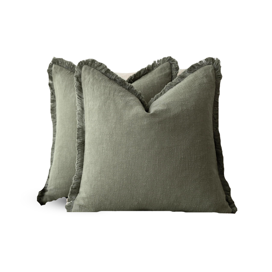 Foindtower Set of 2 Decorative Linen Fringe Throw Pillow Covers Cozy Boho Farmhouse Cushion Cover with Tassels Soft Accent Pillowcase for Couch Sofa Bed Living Room Home Decor, 22×22 Inch, Olive Green