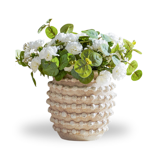 DN DECONATION Beige Rustic Farmhouse Vase, 8.2 Inch Textured Boho Vase for Home Decor, Cement Decorative Flower Vases with Rope Knots for Living Room, Table Centerpiece, Shelf, Mantel Decoration