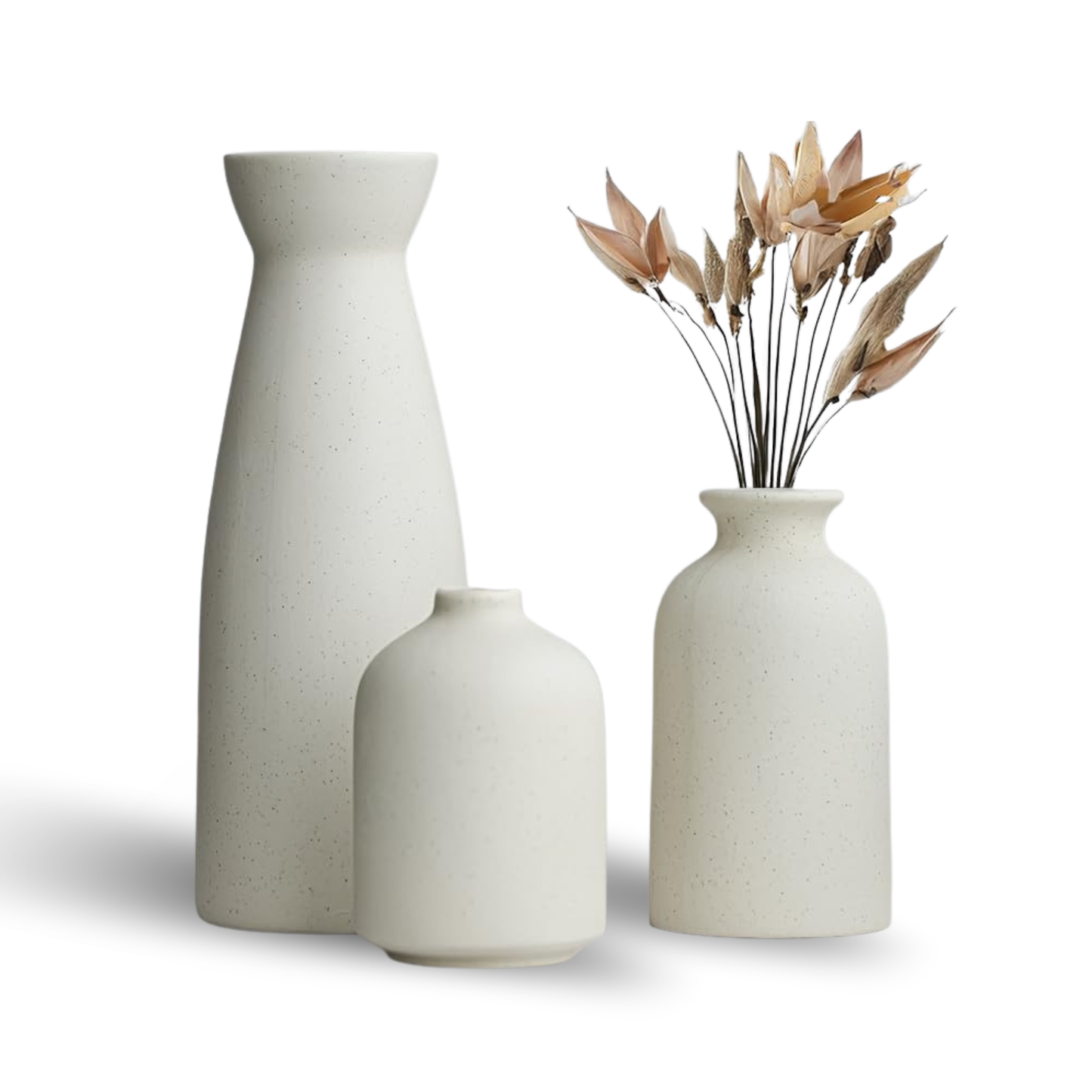 Distressed Ceramic Vase Set of 3, Modern Bohemian Farmhouse Home Decor, Pampas Grass Dried Flowers Vases for Living Room, Dining Room, Bedroom, Kitchen, Bathroom, Office, Entryway (Beige)